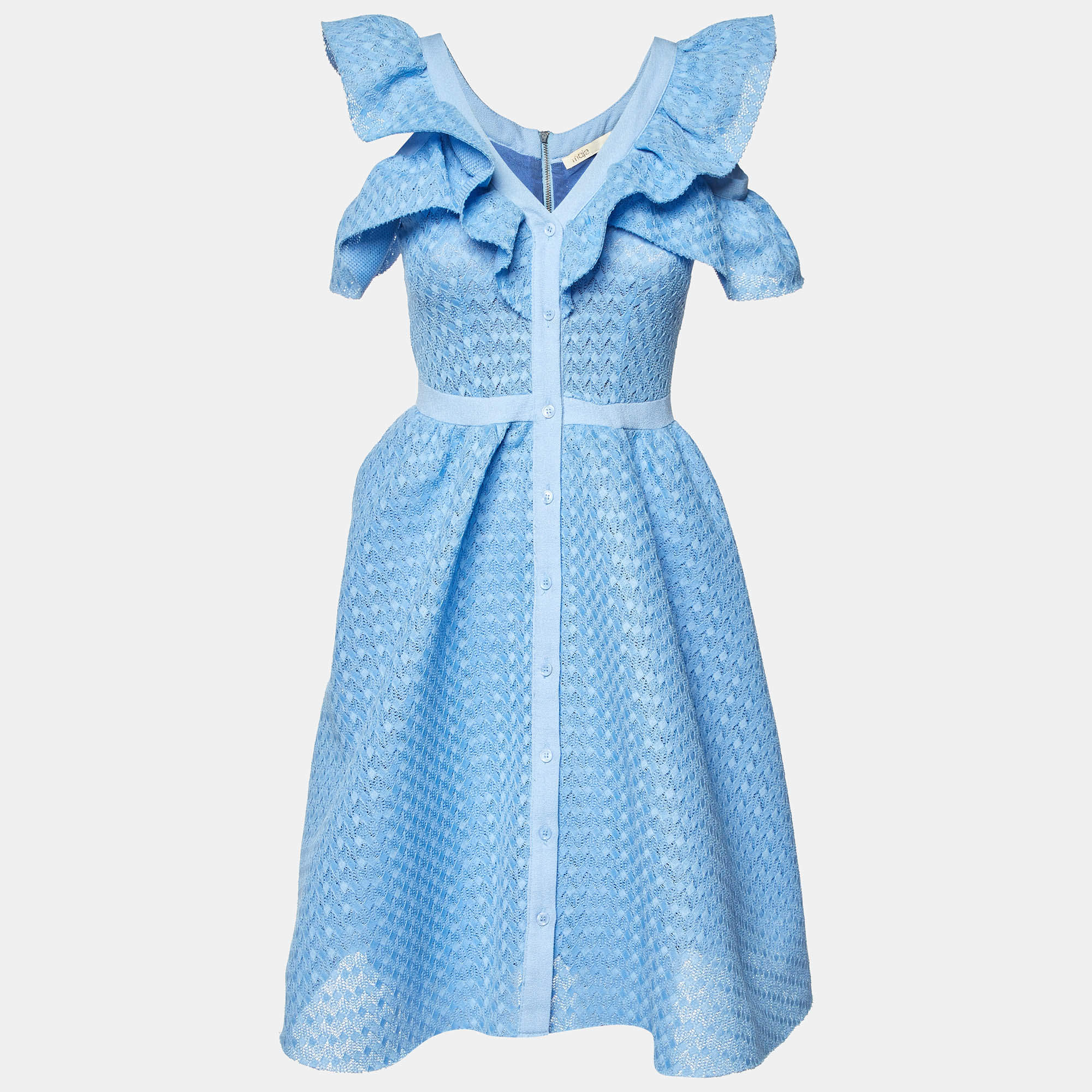 Pre Owned Maje Blue Lace Reglisse Ruffled Cold Shoulder Dress S