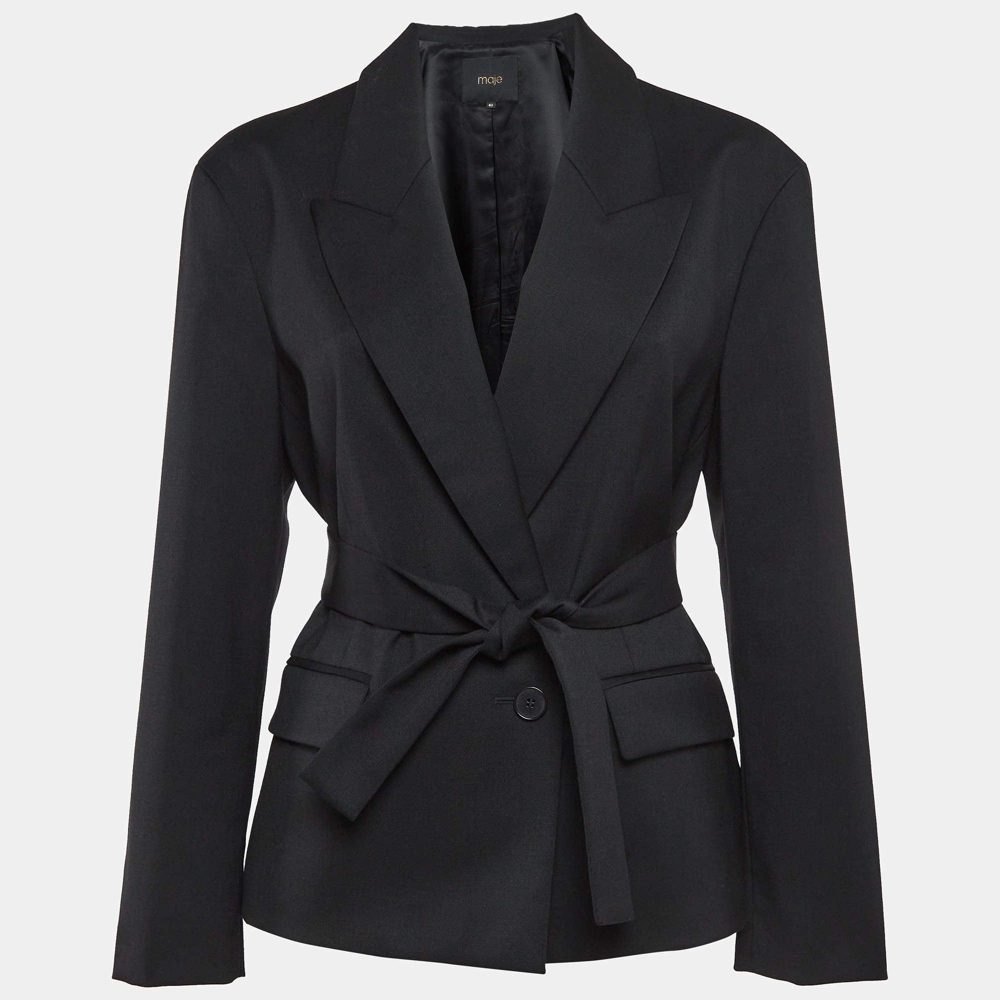 Maje Black Wool-Blend Belted Blazer L