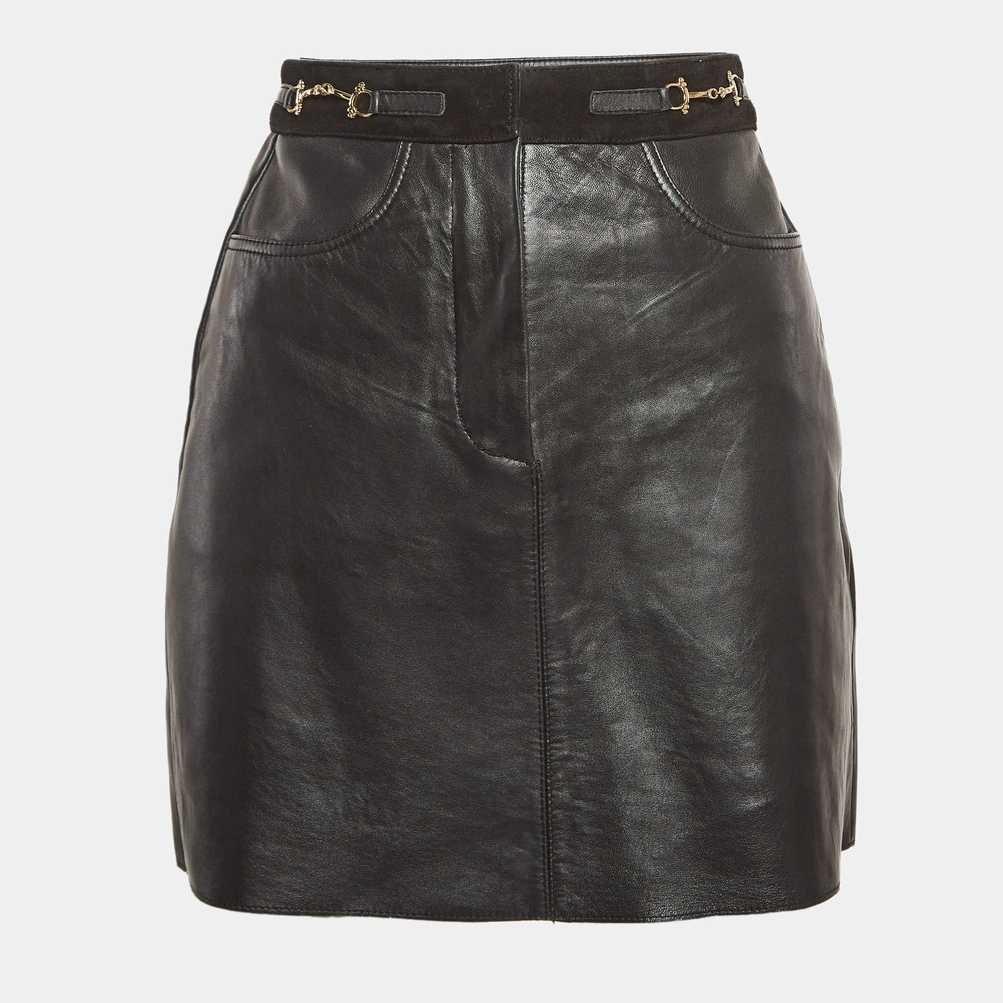 Pre Owned Maje Black Jelfie Leather Horsebit Detail Mini Skirt S