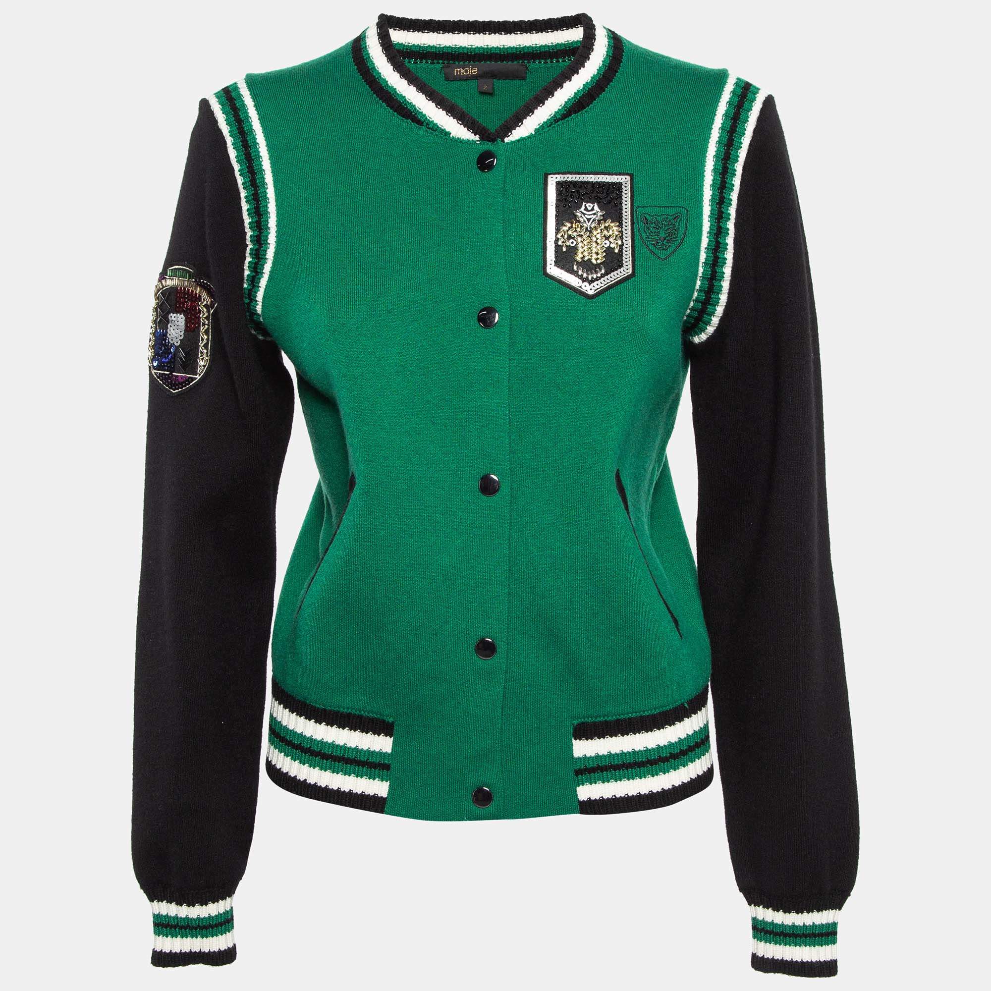 Maje Green/Black Embellished Knit Button Fornt Bomber Jacket M 