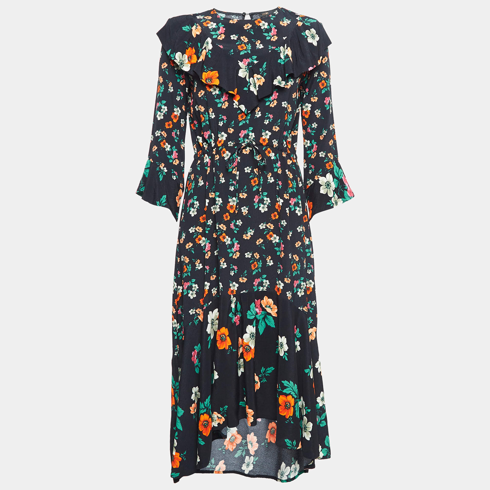 Maje Black Floral Print Crepe Ruffled Midi Dress M