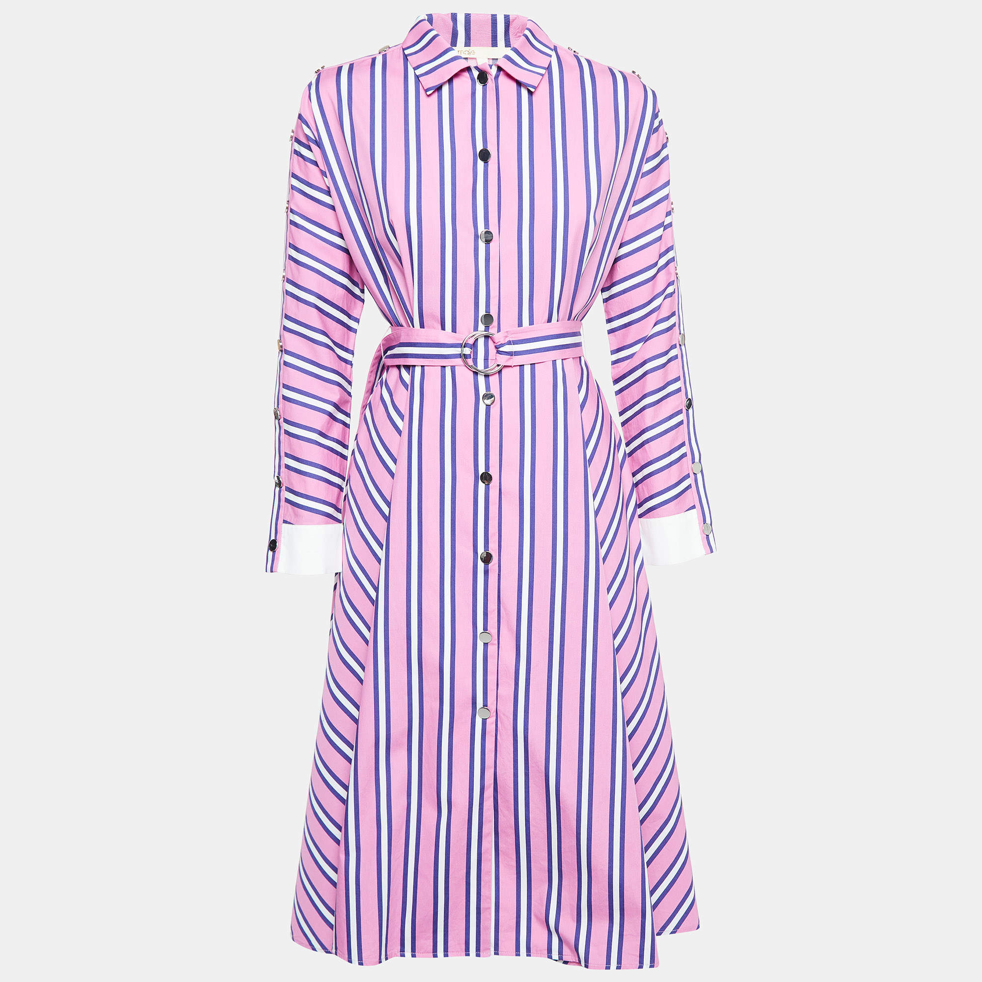 Maje Pink Stripe Cotton Button Front Belted Midi Dress S