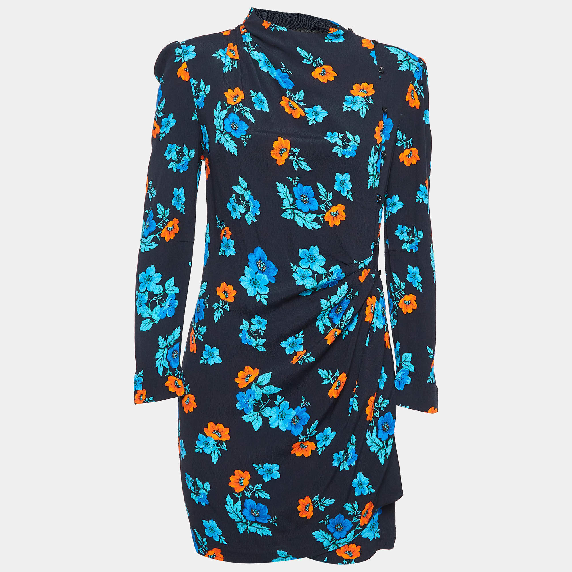 Pre Owned Maje Black Floral Print Crepe Ruched Mini Dress L