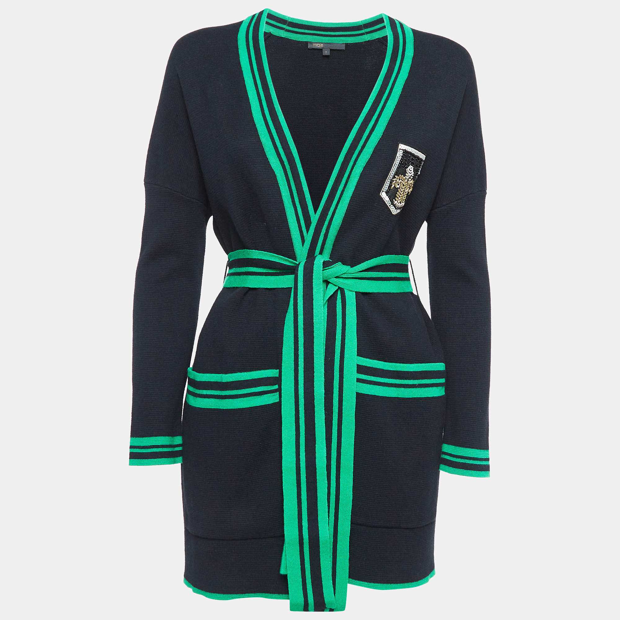 Pre Owned Maje Black Embellished Applique Belted Cardigan M