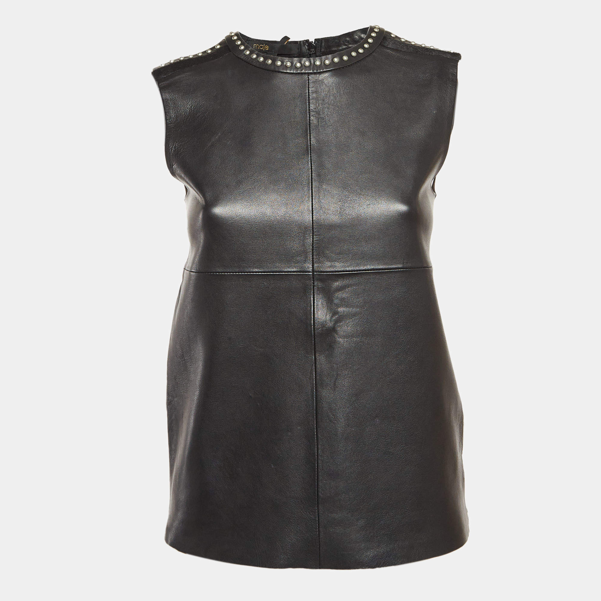 Maje Black Studded Leather and Jersey Sleeveless Top S