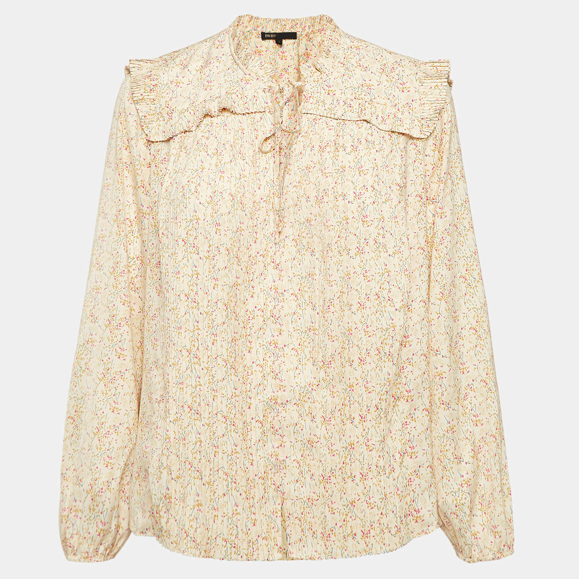 Pre Owned Maje Beige Printed Crepe Plisse Detail Top M