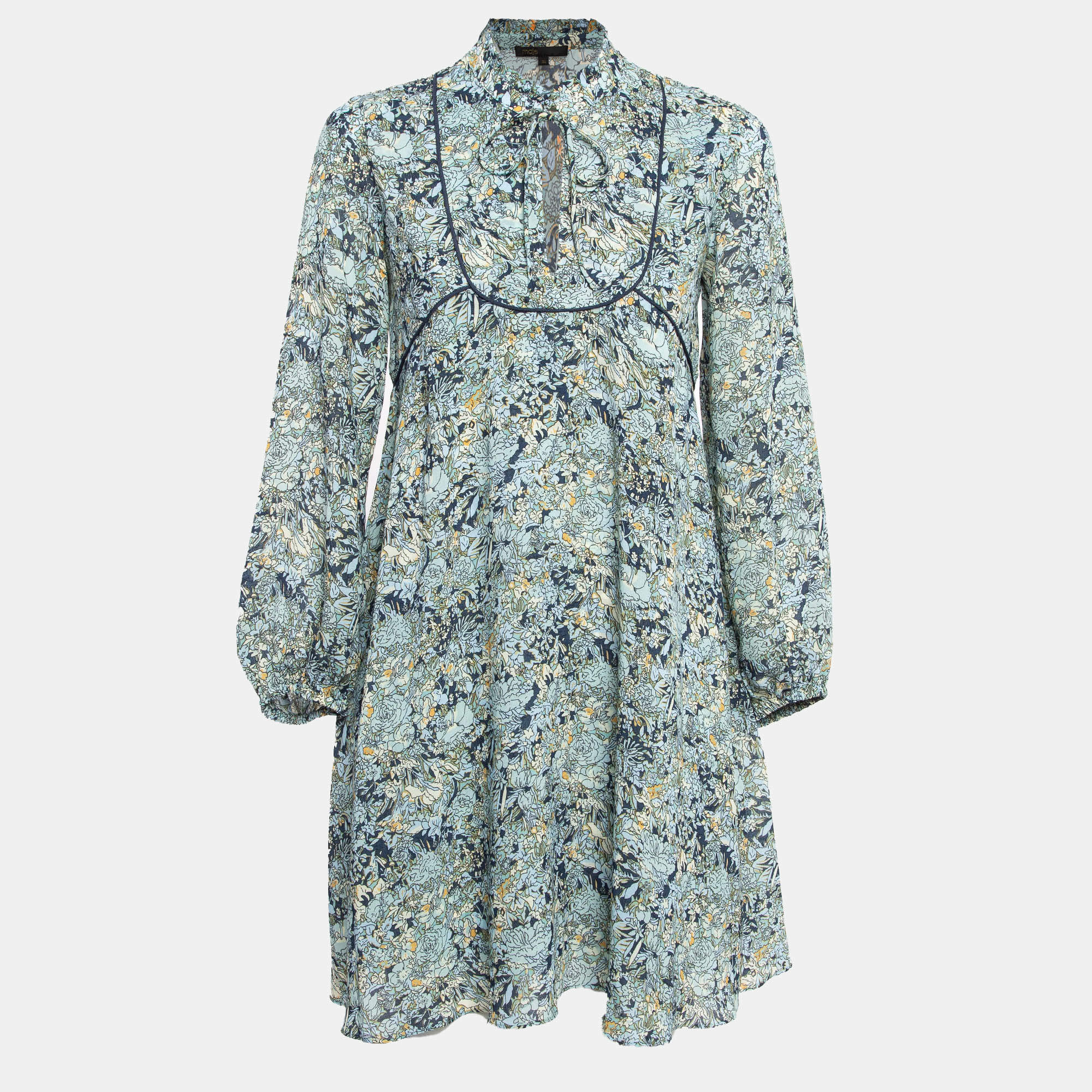 Pre Owned Maje Blue Printed Crepe Neck Tie-Up Mini Dress XS