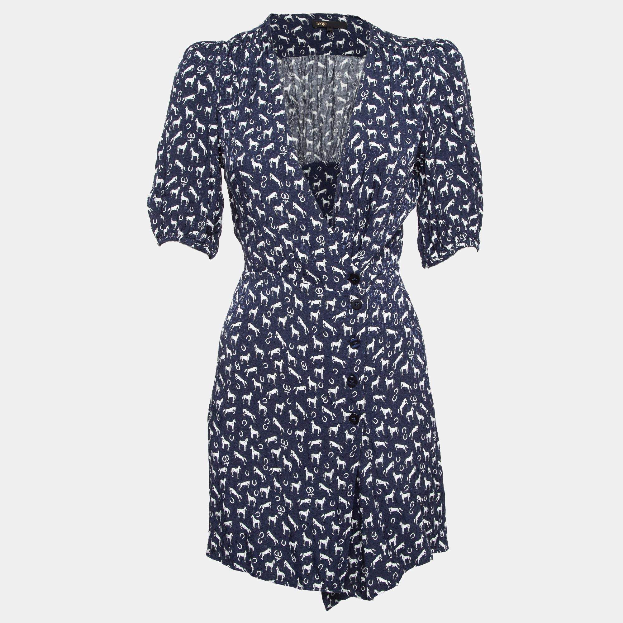 Maje Blue Horse Print Crepe Buttoned Mini Wrap Dress S