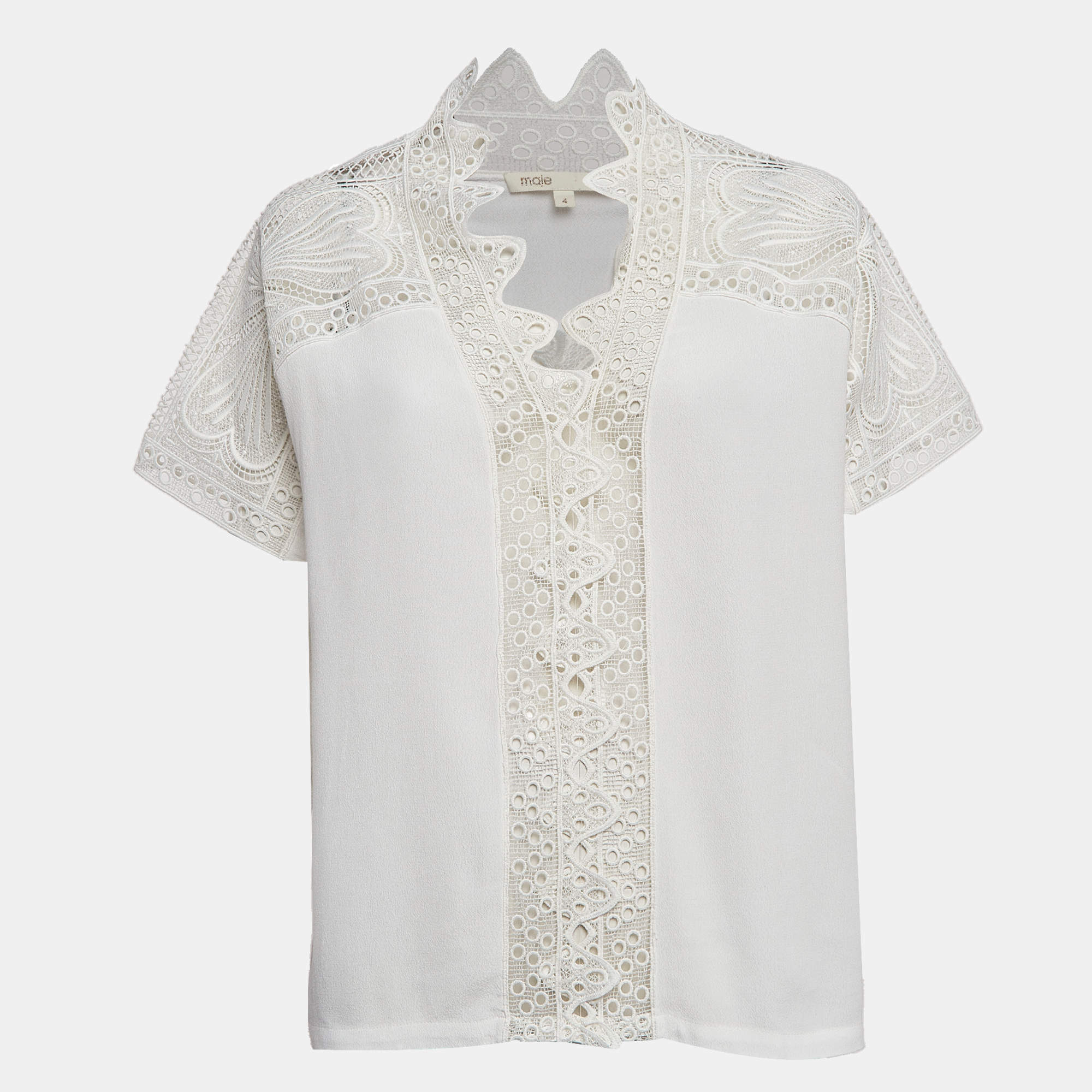 Maje White Crepe Lace Trim Top XL