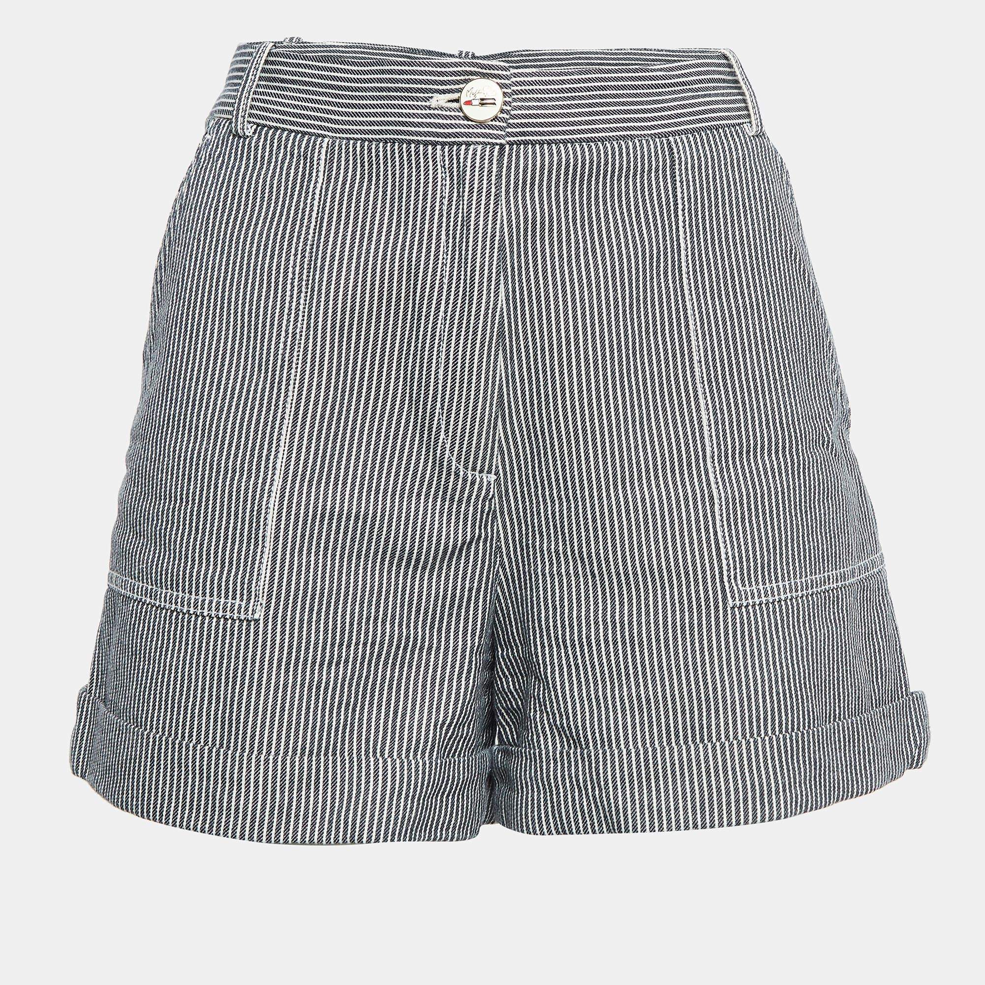 Maje Black/White Stripe Cotton Regular Shorts L