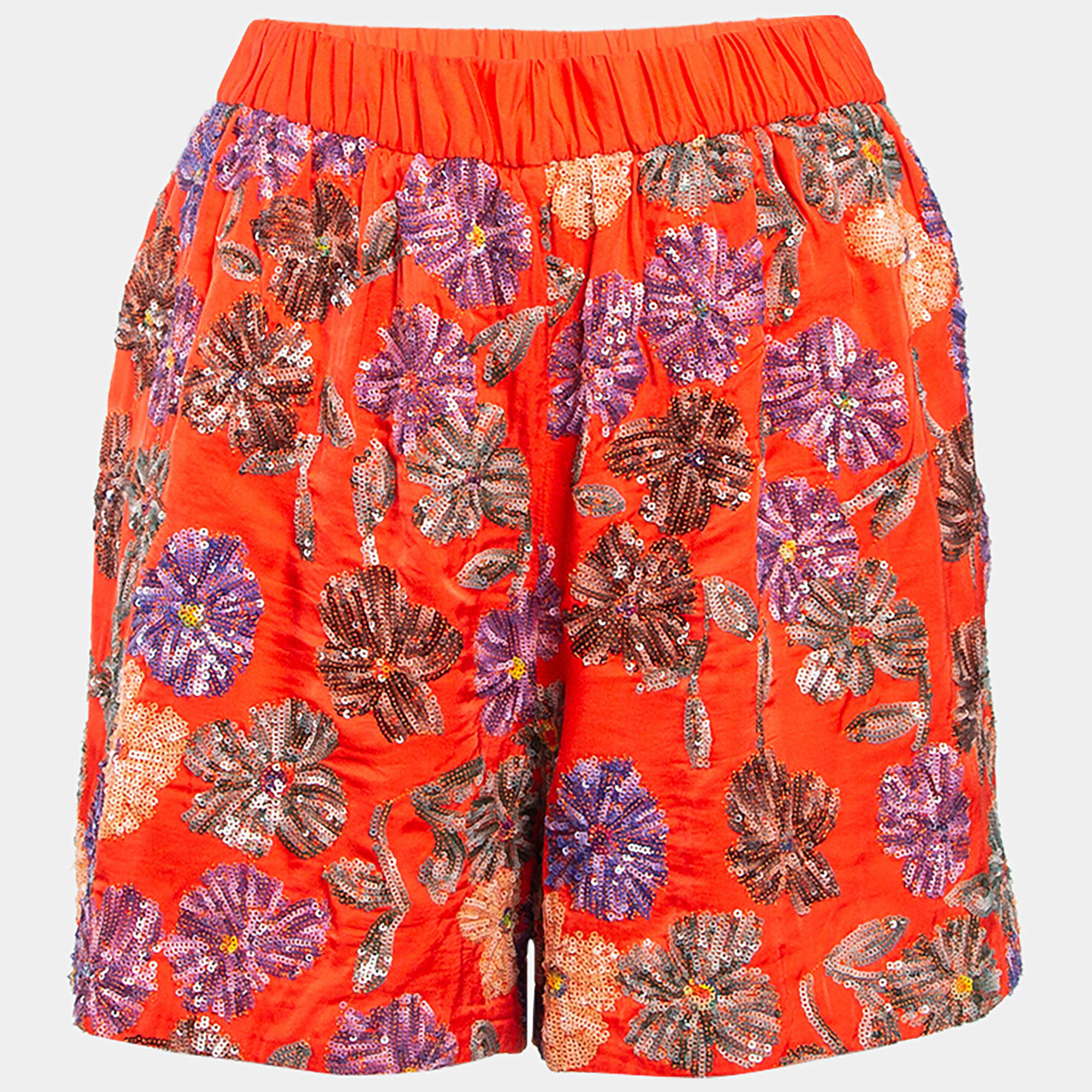 Maje Orange Floral Sequin Embroidered Crepe Izul Shorts L