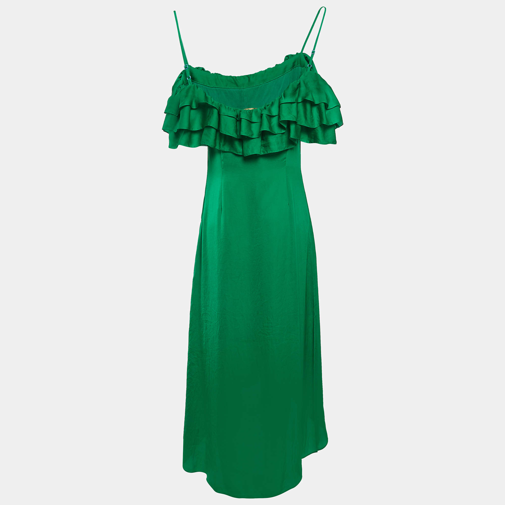 Pre Owned Maje Green Satin Ruffled Rovanta Midi Dress L