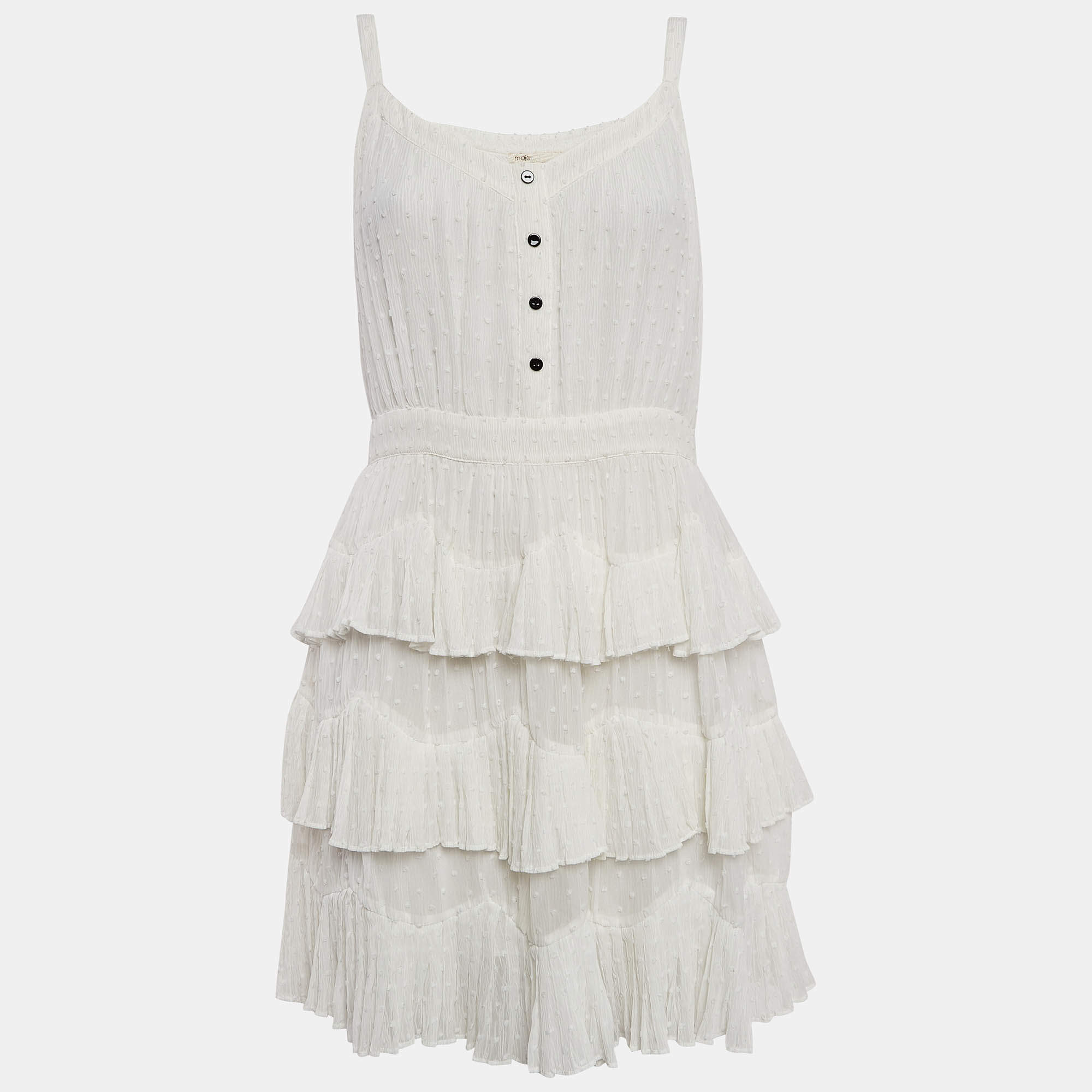 Pre Owned Maje White Swiss Dots Chiffon Tiered Rustivan Short Dress L