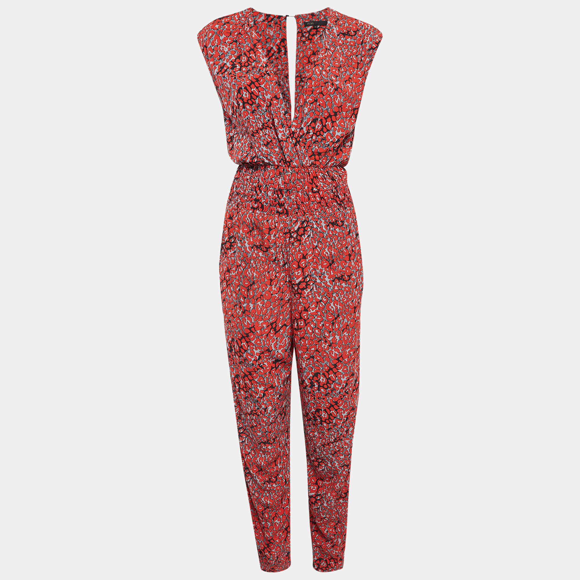 Maje Red Printed Crepe Smocked Detail Jumpsuit M