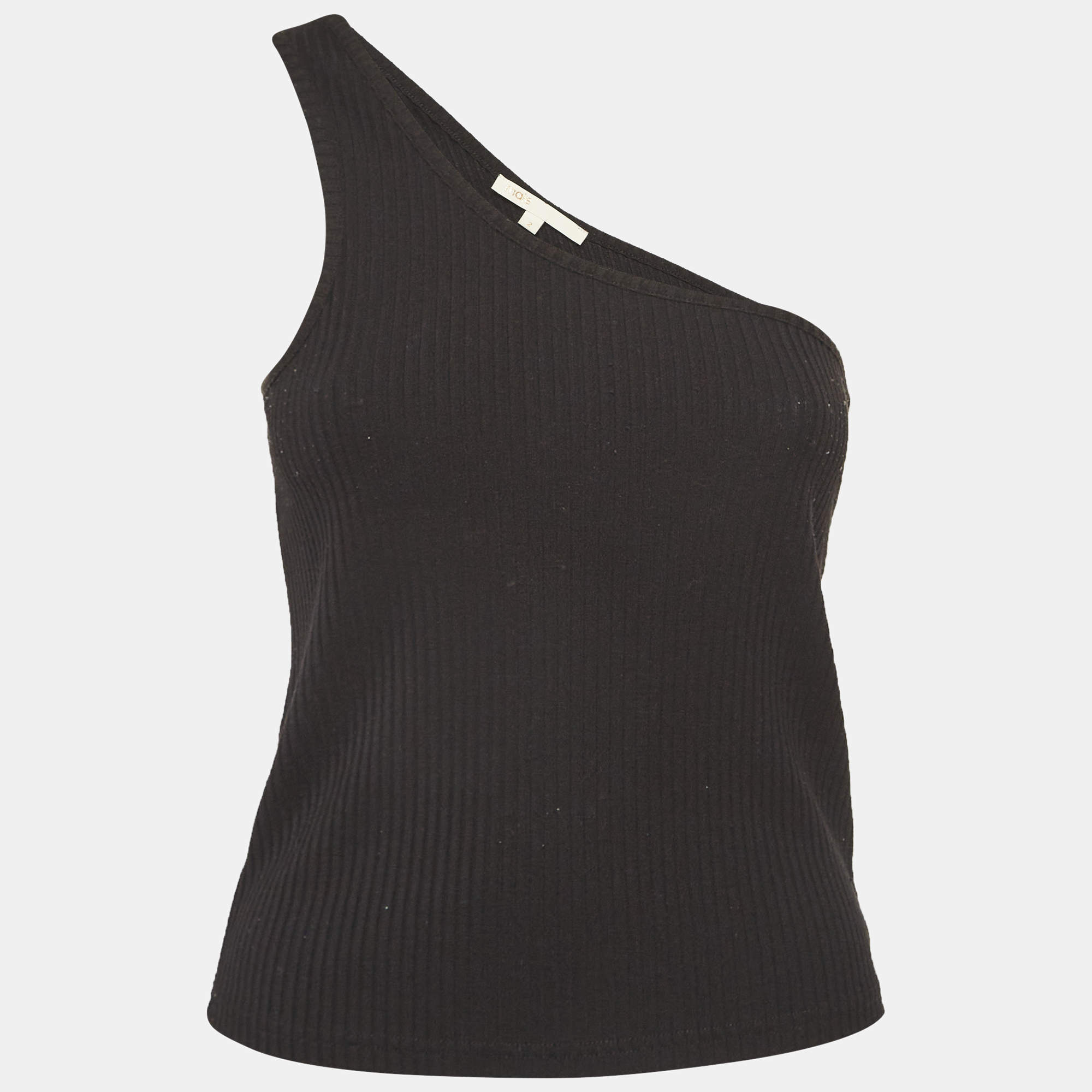 Maje Black Rib Knit One-Shoulder Cropped Top M