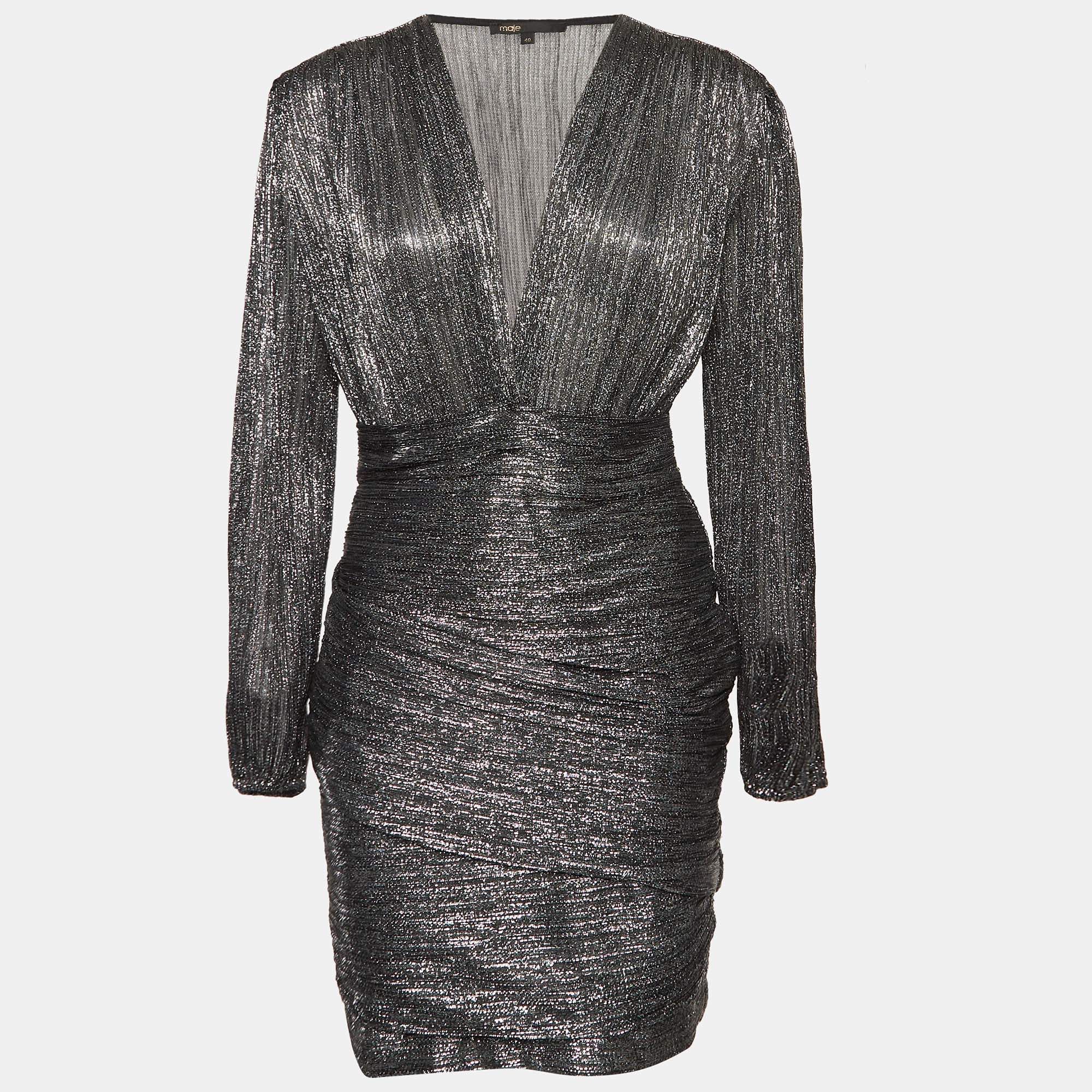 Pre Owned Maje Metallic Lurex Draped V-Neck Mini Dress L