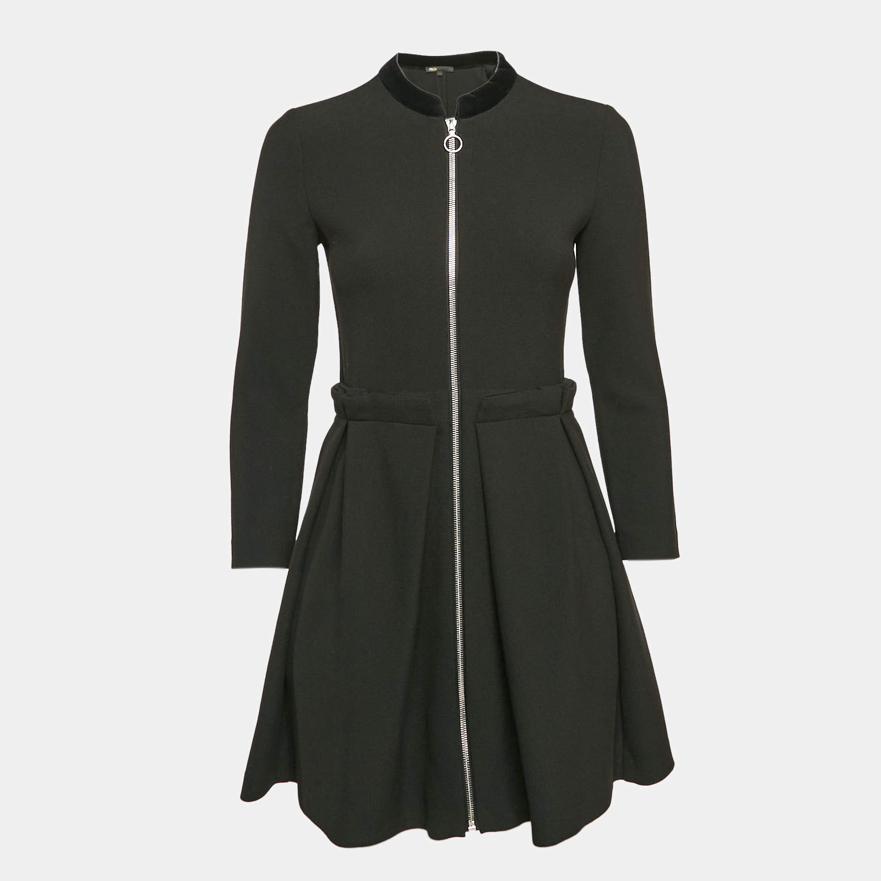 Maje Black Gabardine Pleated Zip-Up Mini Dress S