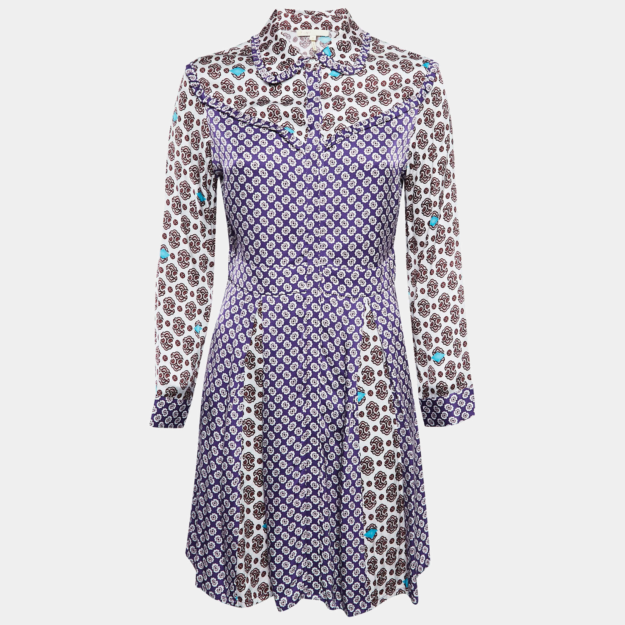 Maje Purple/Multicolor Printed Crepe Button Front Mini Dress M