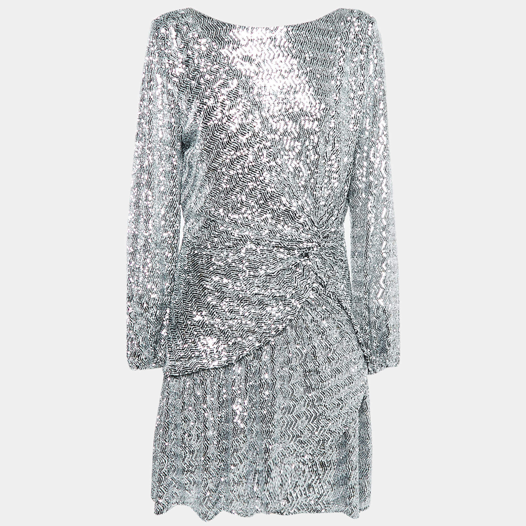 Pre Owned Maje Silver Sequin Crepe Ruched Full Sleeves Mini Dress XL