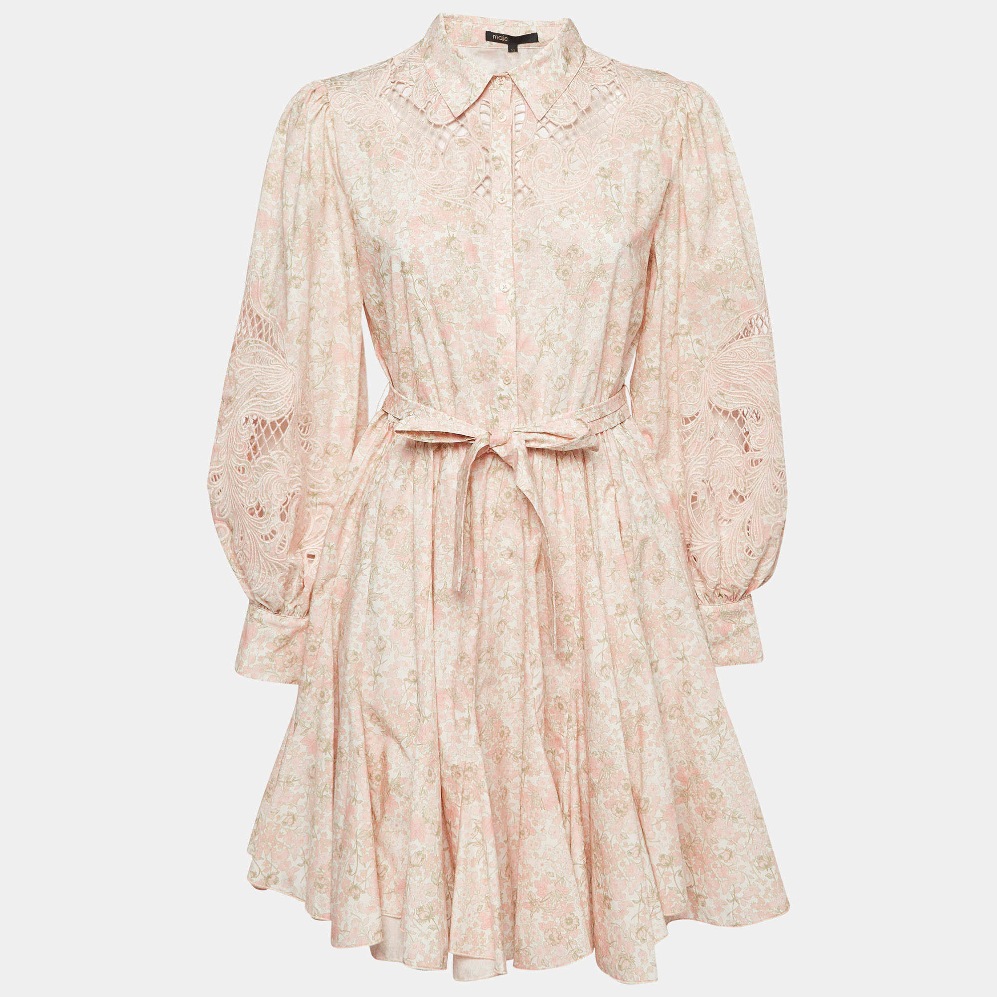 Pre Owned Maje Pink Floral Print Cotton Cut-Out Short Dress XL