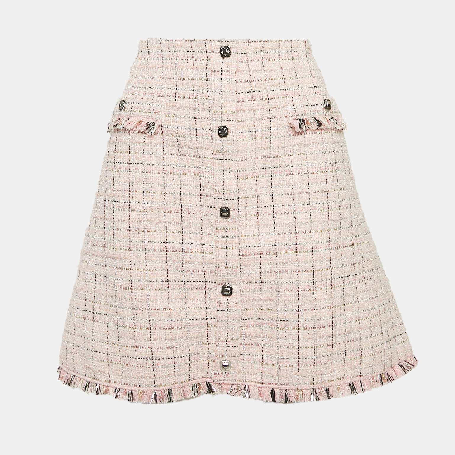 Pre Owned Maje Pink Lurex Tweed Fringed Hem Knee-Length Skirt XL