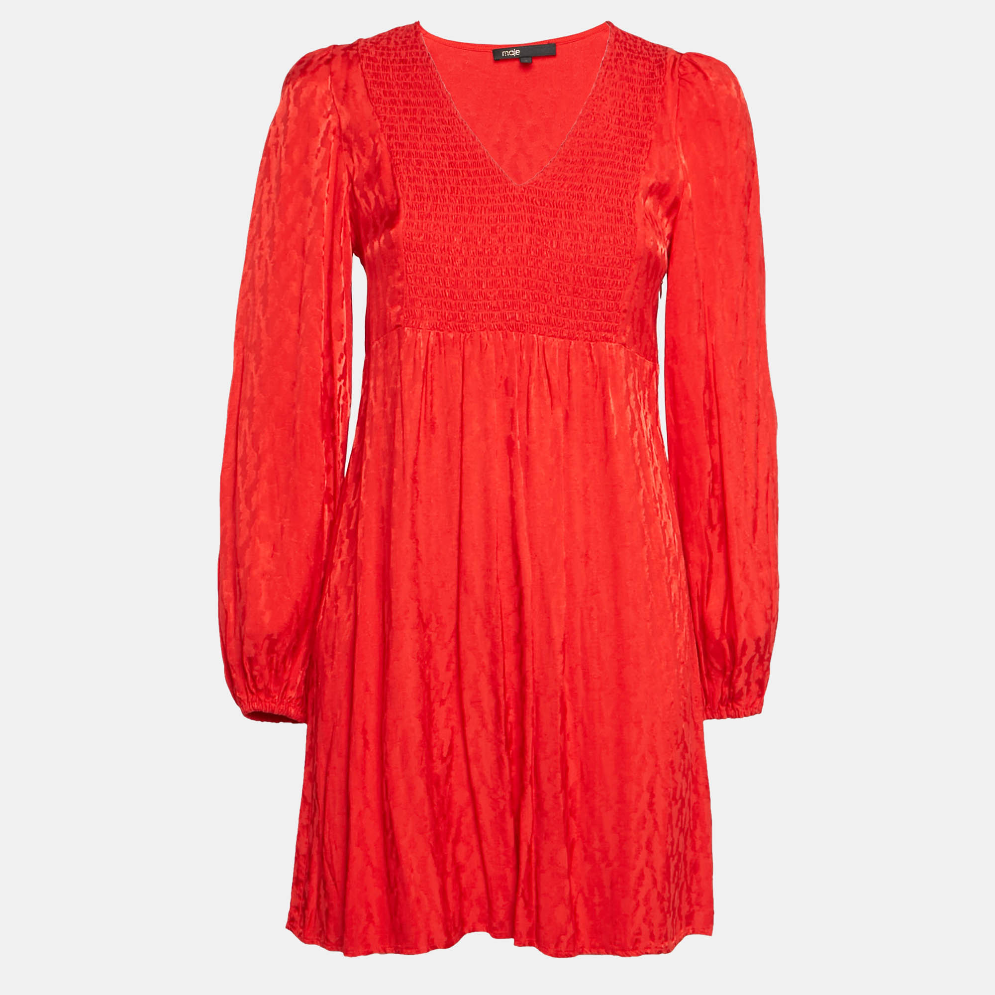 Pre Owned Maje Red Jacquard Smocked Mini Dress M