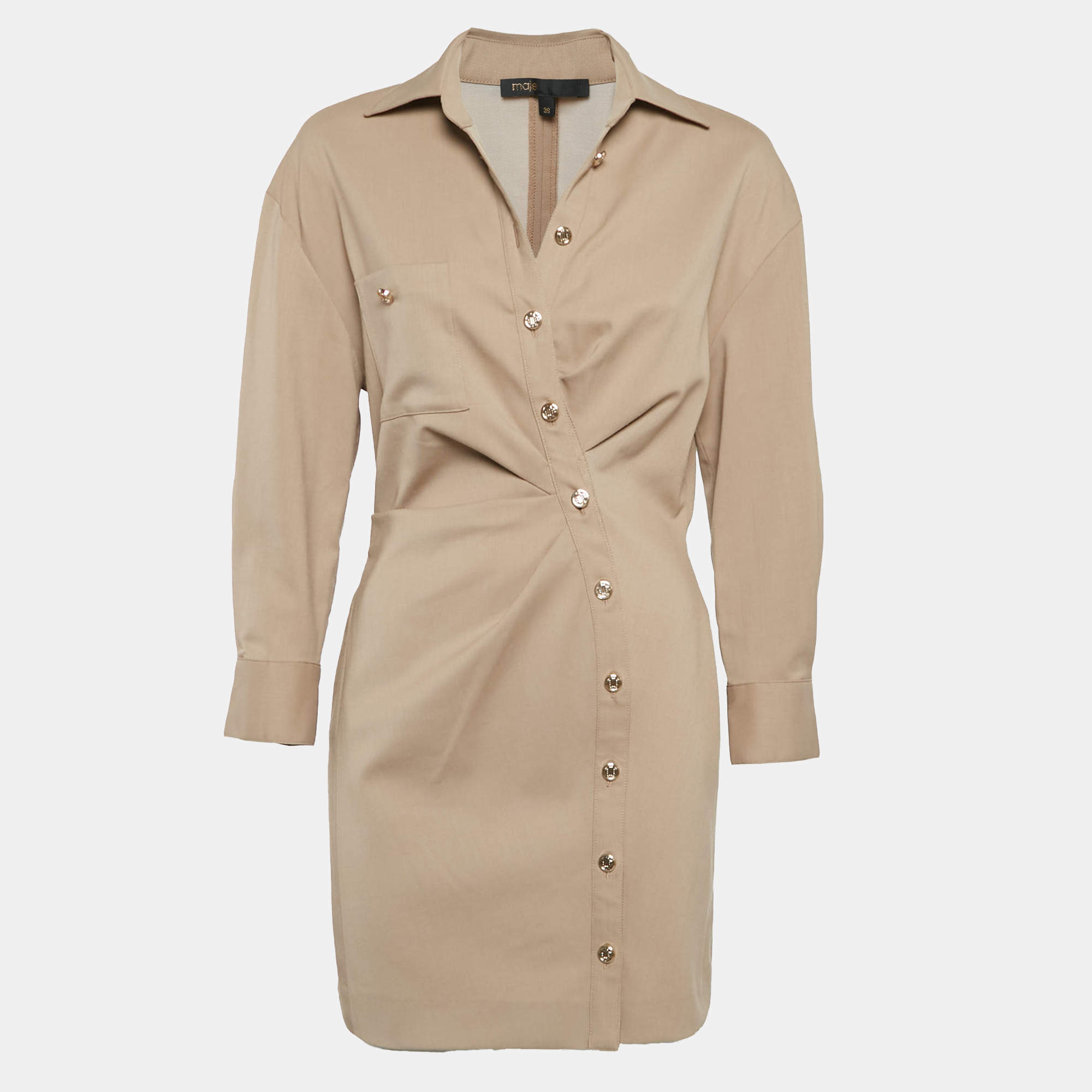 Maje Beige Wool Ruched Mini Shirt Dress S