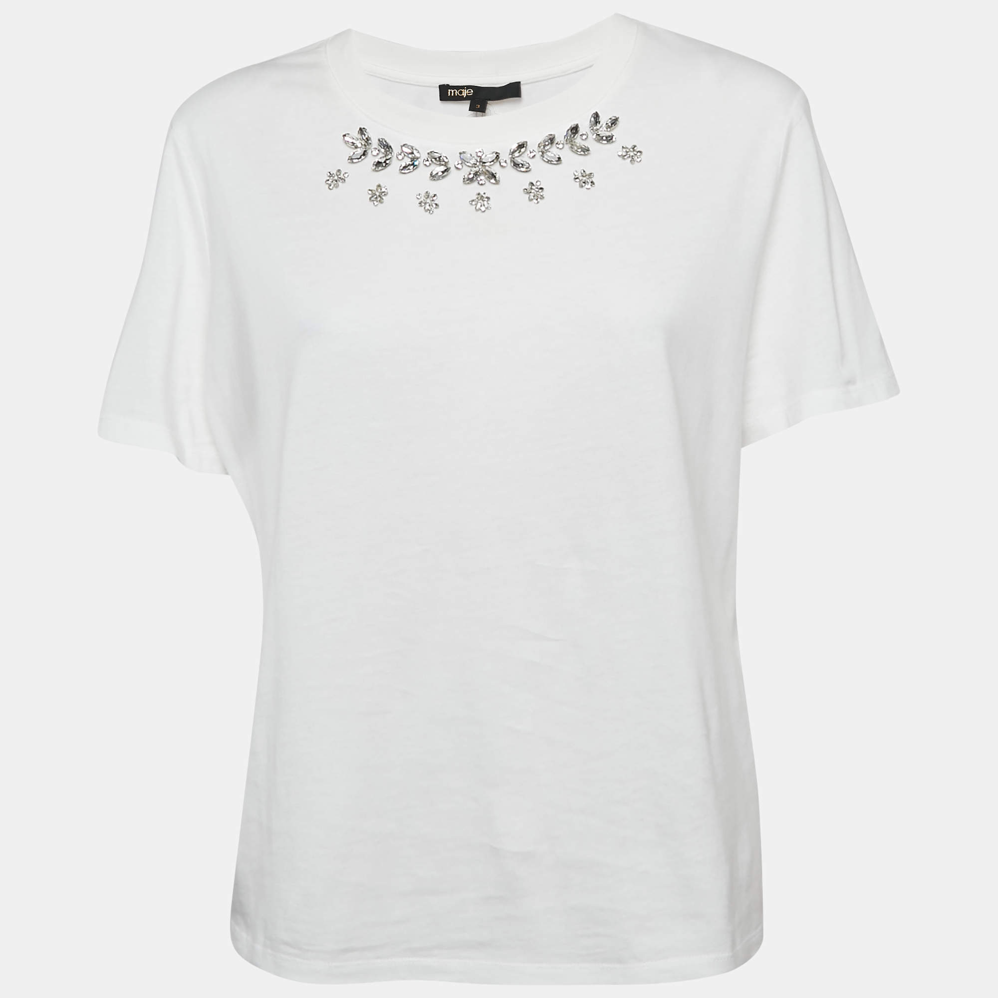 Pre Owned Maje White Studded Cotton Round Neck T-Shirt L