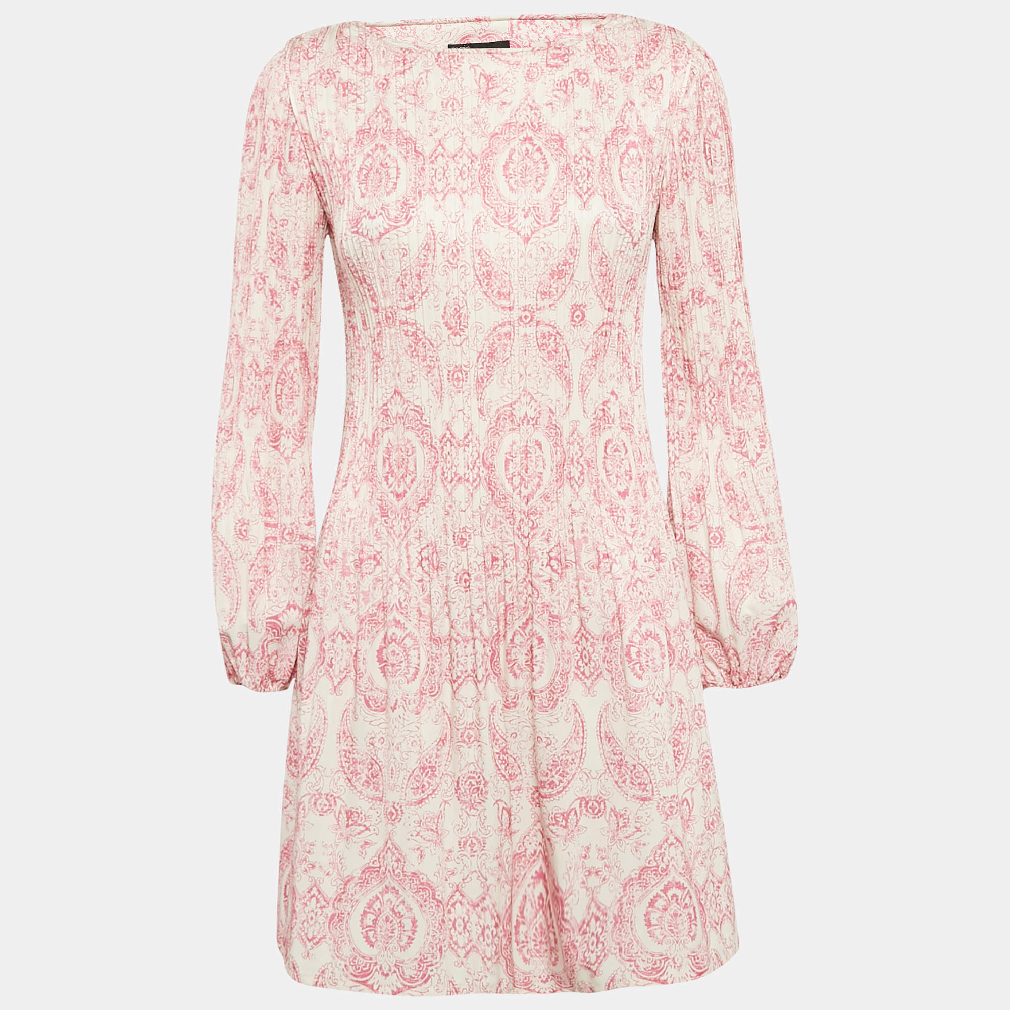 Maje White/Pink Paisley Print Crepe Pleated Mini Dress XS