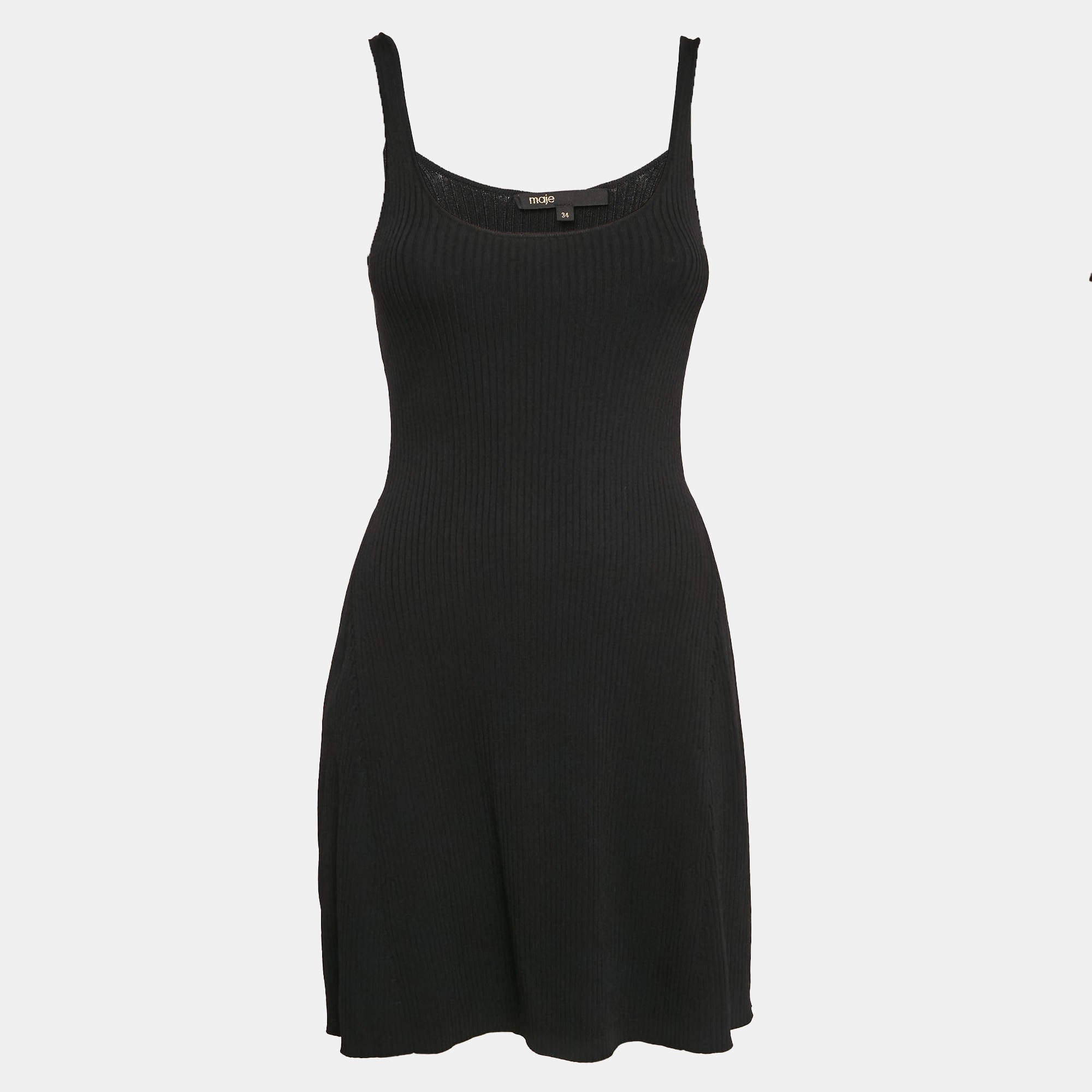 Maje Black Rib Knit Flared Mini Dress XS