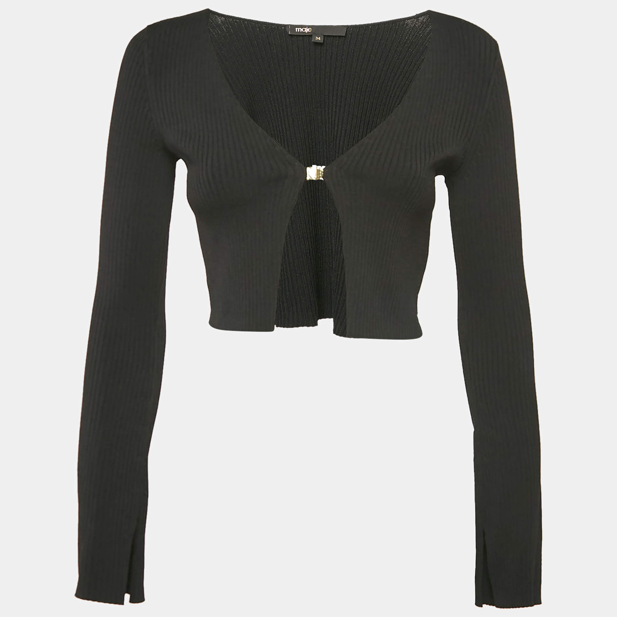 Maje Black Rib Knit Crop Cardigan XS