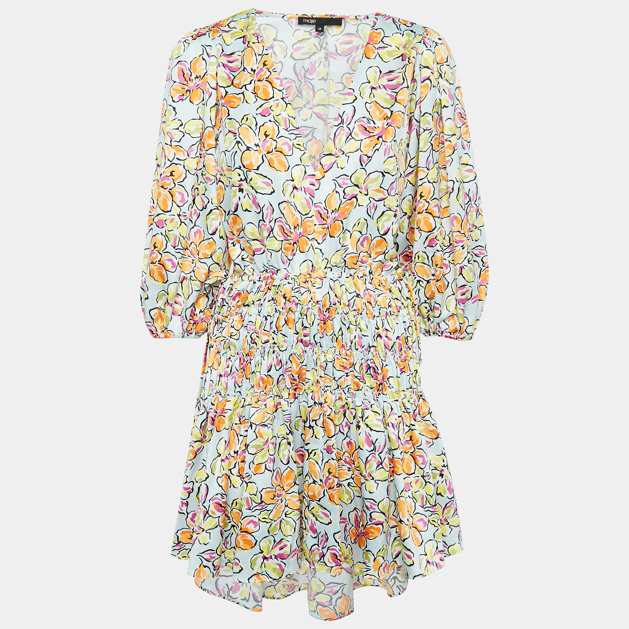 Pre Owned Maje Multicolor Floral Print Satin Cut-Out Smocked Mini Dress M