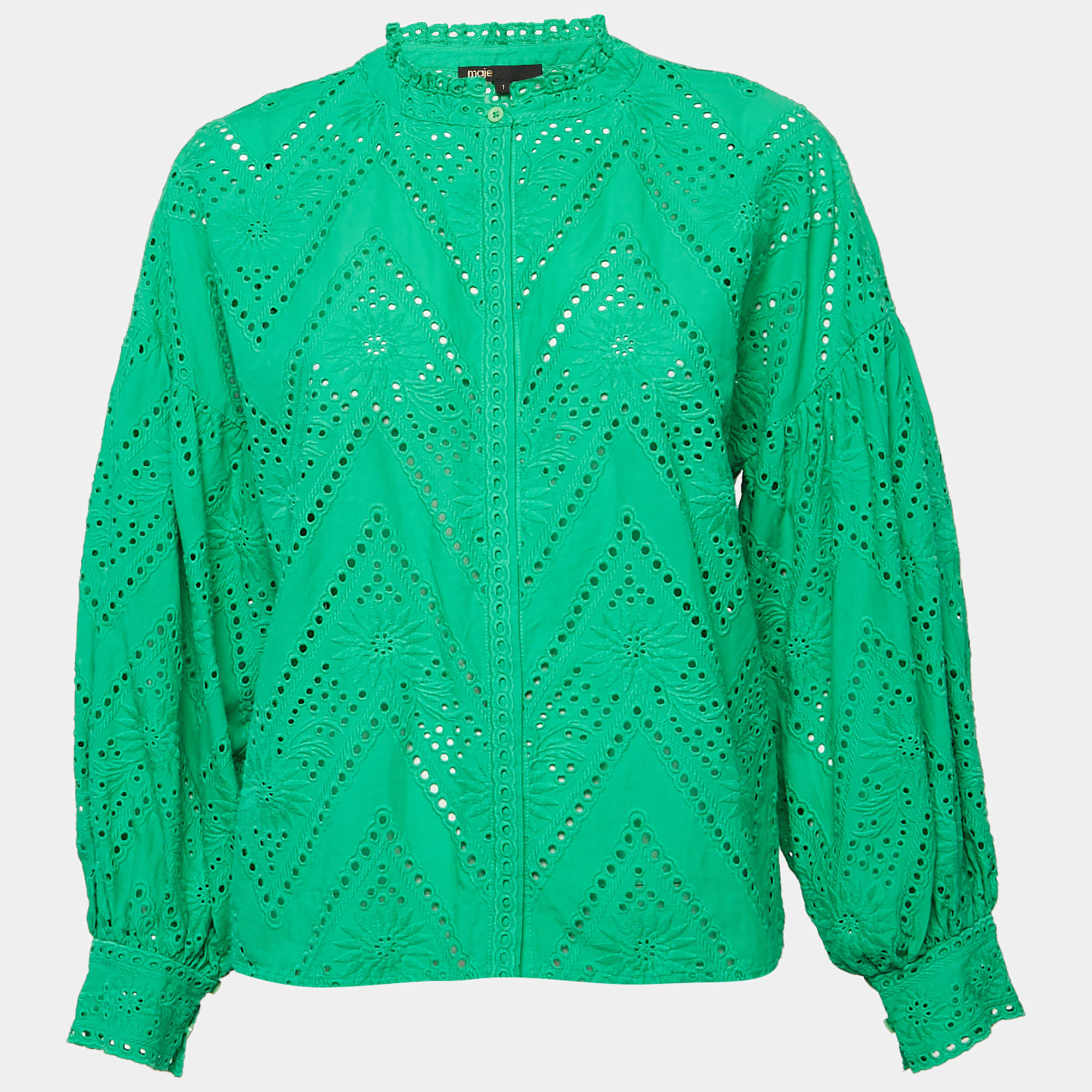 Pre Owned Maje Green Eyelet Embroidery Cotton Blouse S