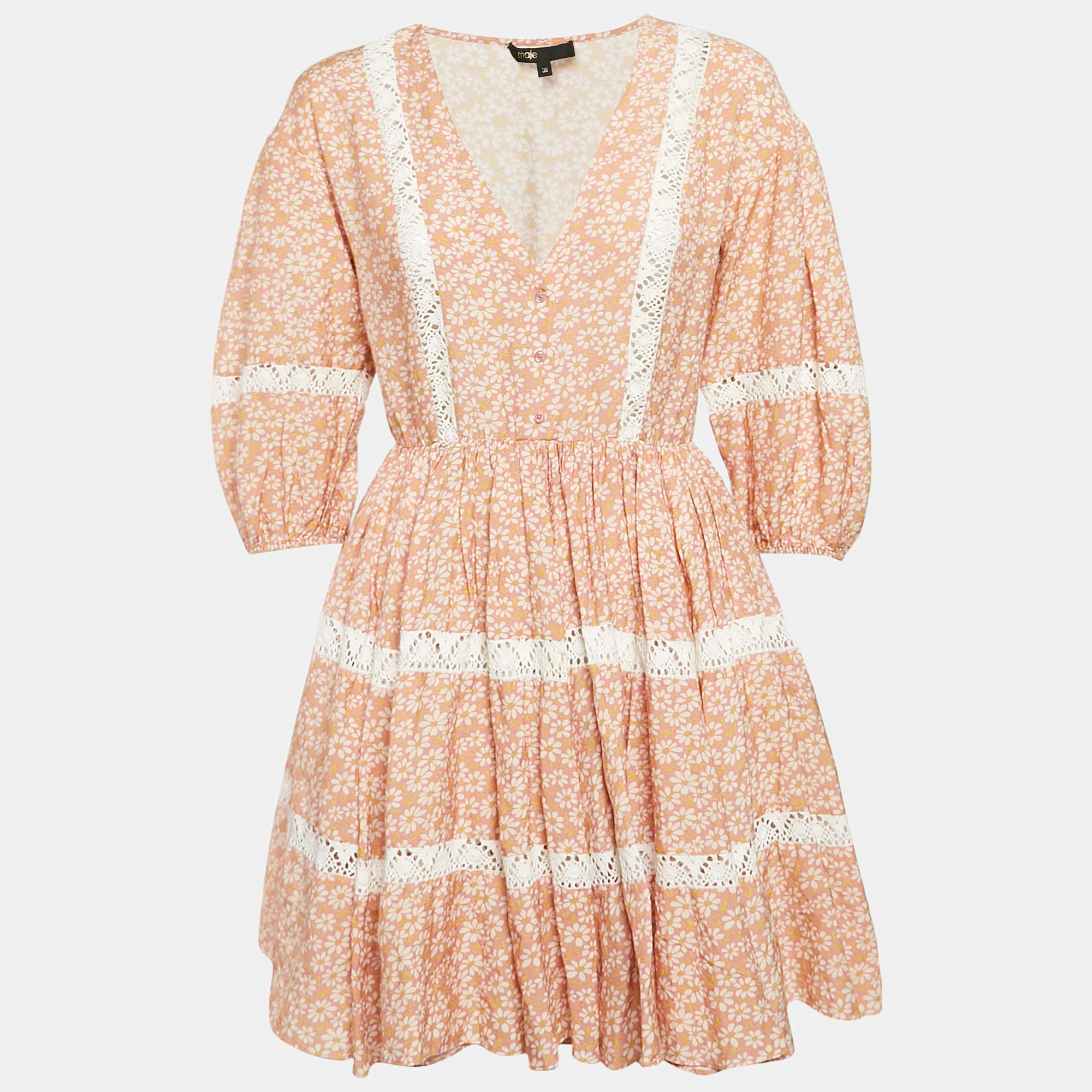 Pre Owned Maje Pink Floral Print Linen Blend Rayanik Mini Dress M