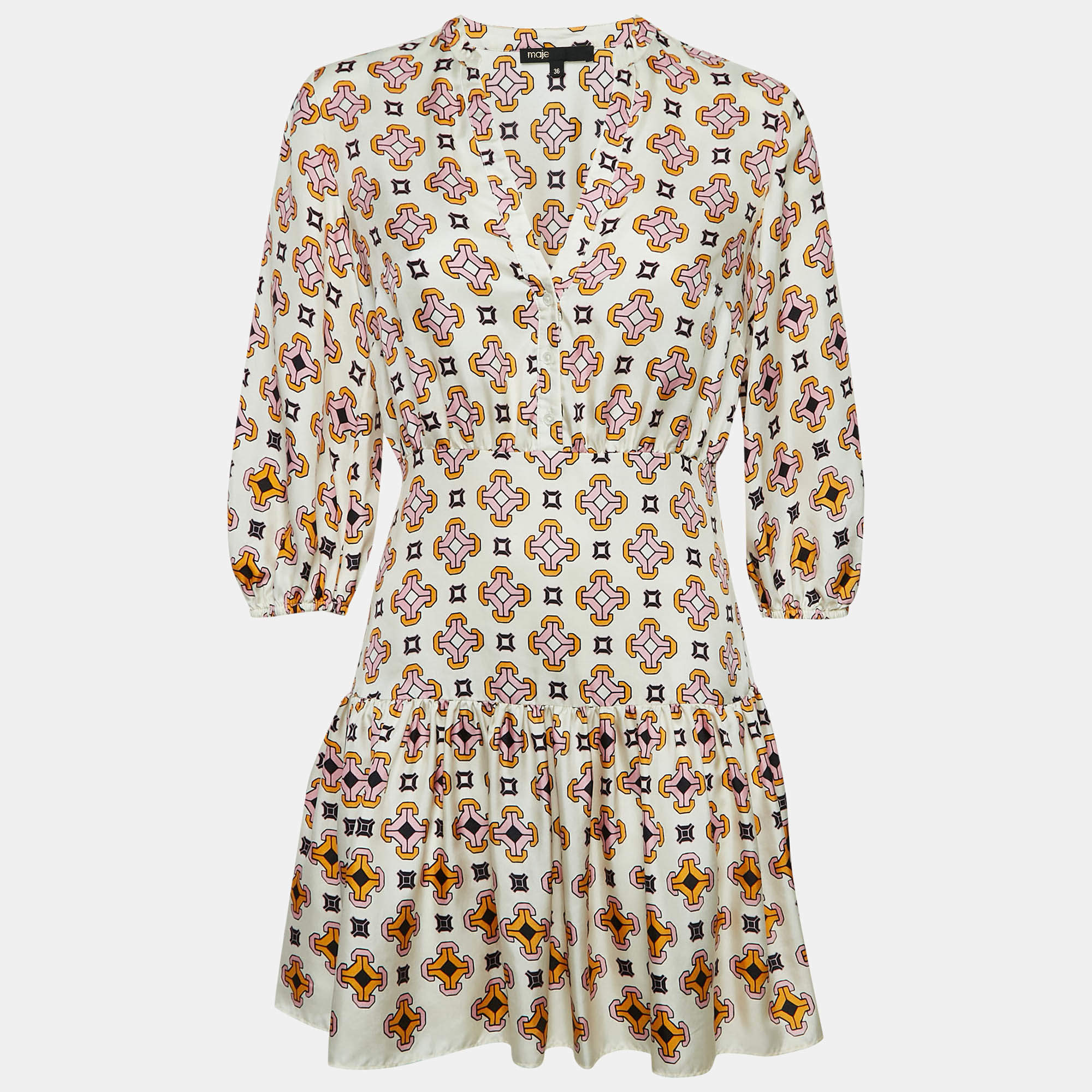 Pre Owned Maje Off-White Geometric Print Silk Mini Dress S