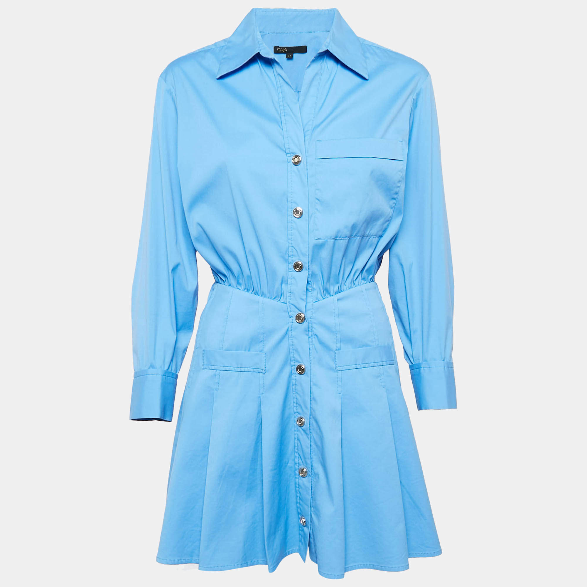 Maje Blue Cotton Button Front Pleated Mini Dress XS