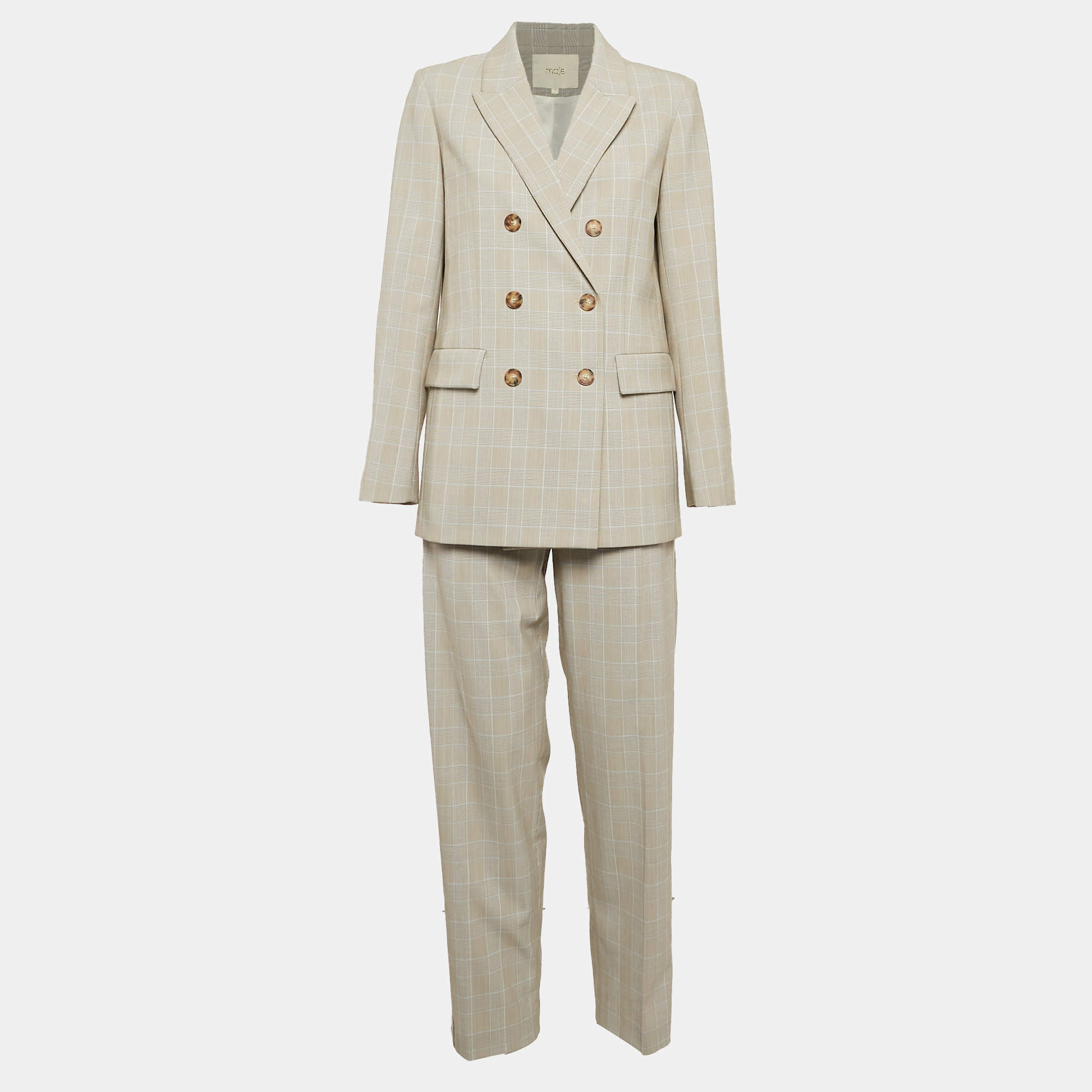 Maje Beige Glen Check Crepe Double Breasted Pants Suit L