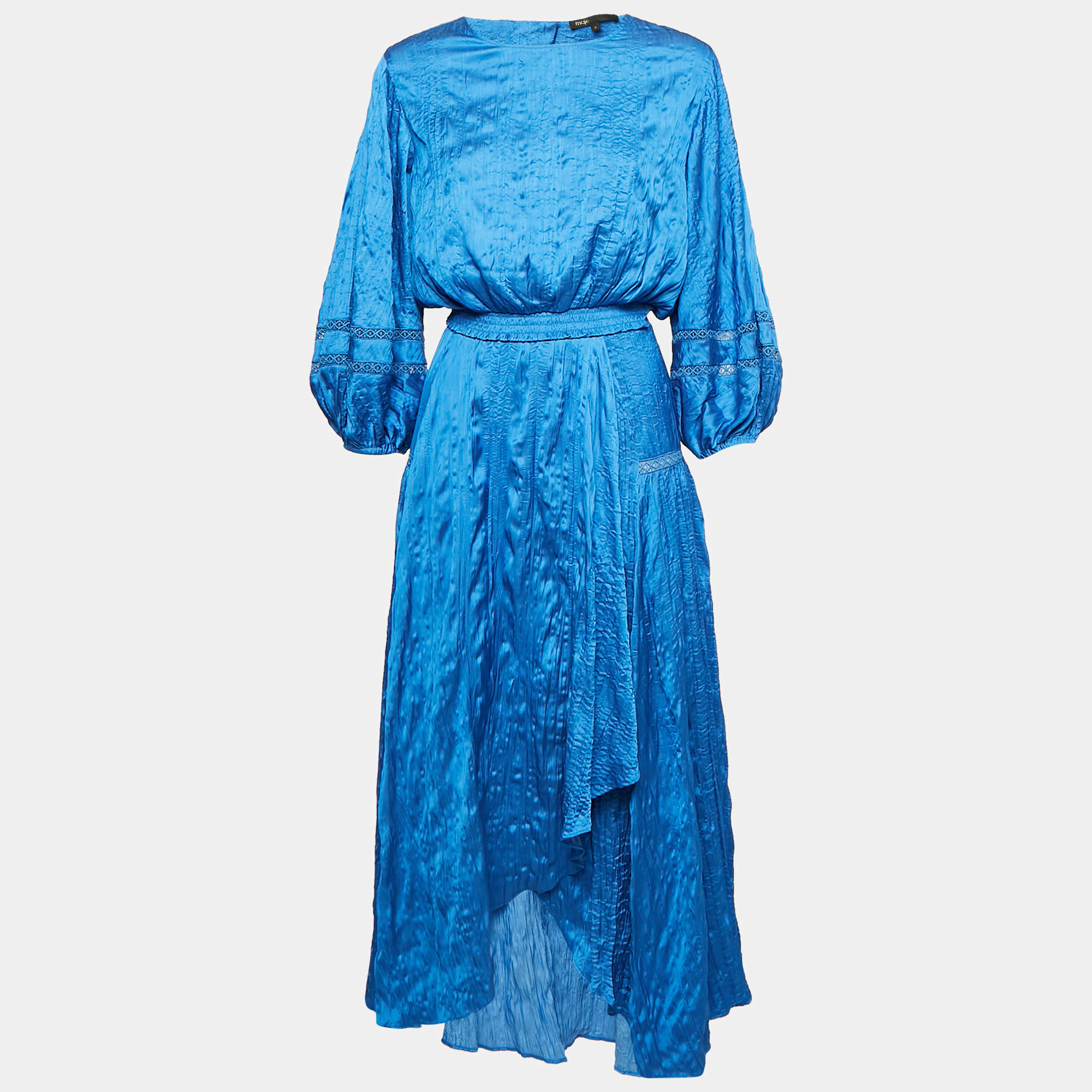 Maje Blue Textured Crepe Lace Trimmed Top and Skirt Set L