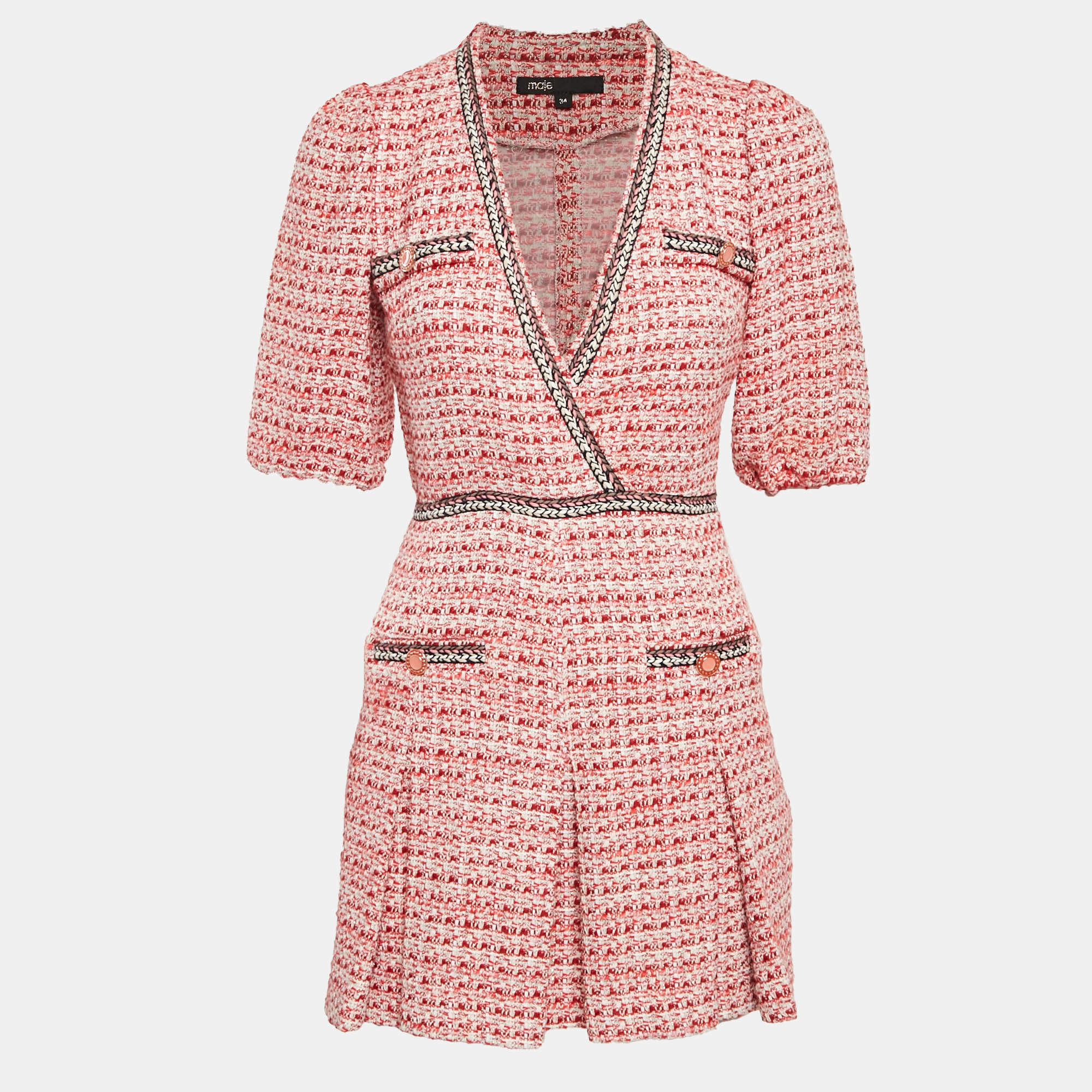 Pre Owned Maje Red Lurex Tweed V-Neck Mini Dress XS