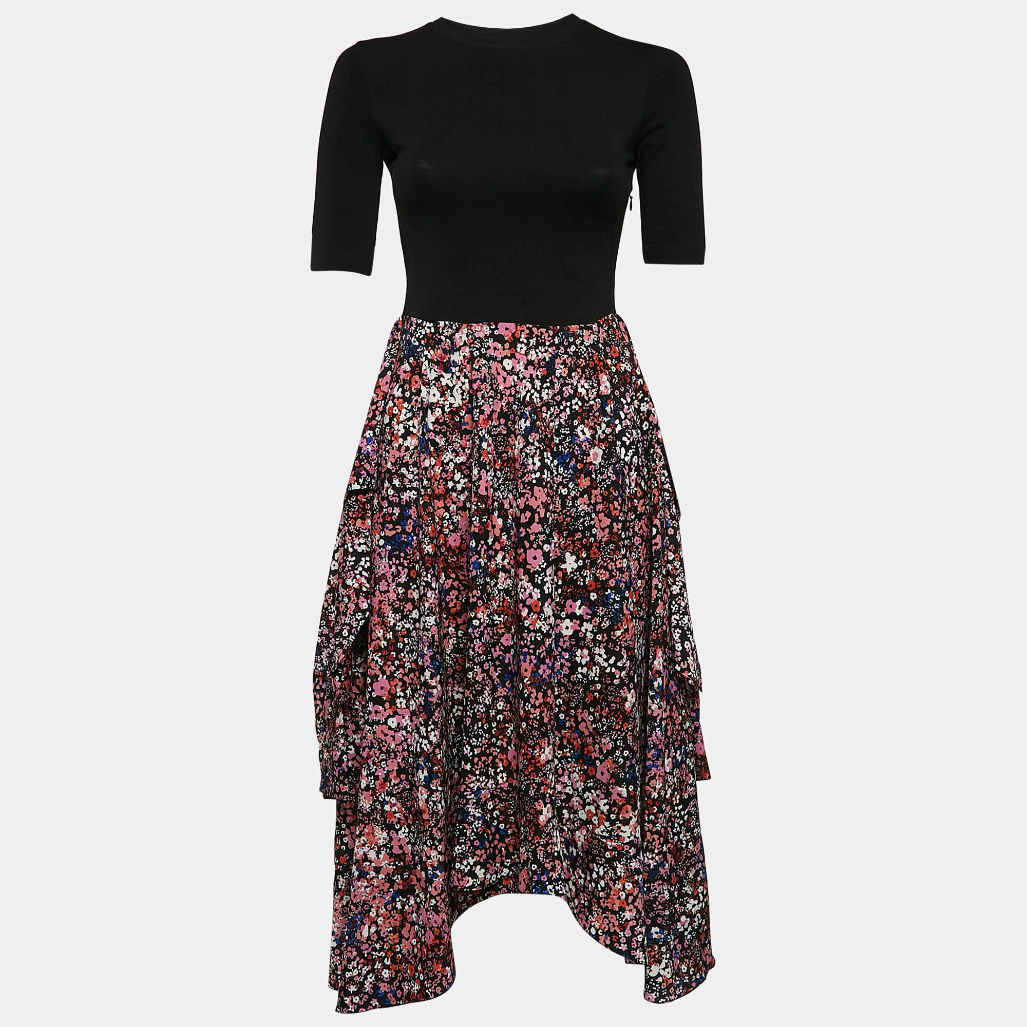 Pre Owned Maje Multicolor Floral Print Crepe and Cotton Knit Midi Dress S