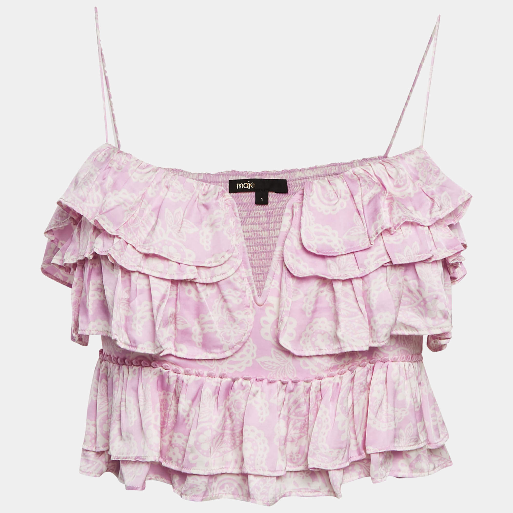 Pre Owned Maje Pink Paisley Print Satin Ruffled Crop Top S