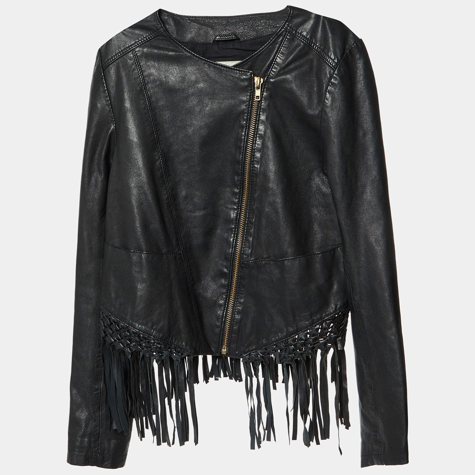 Pre Owned Maje Black Leather Zip-Up Fringed Hem Detail Jacket M