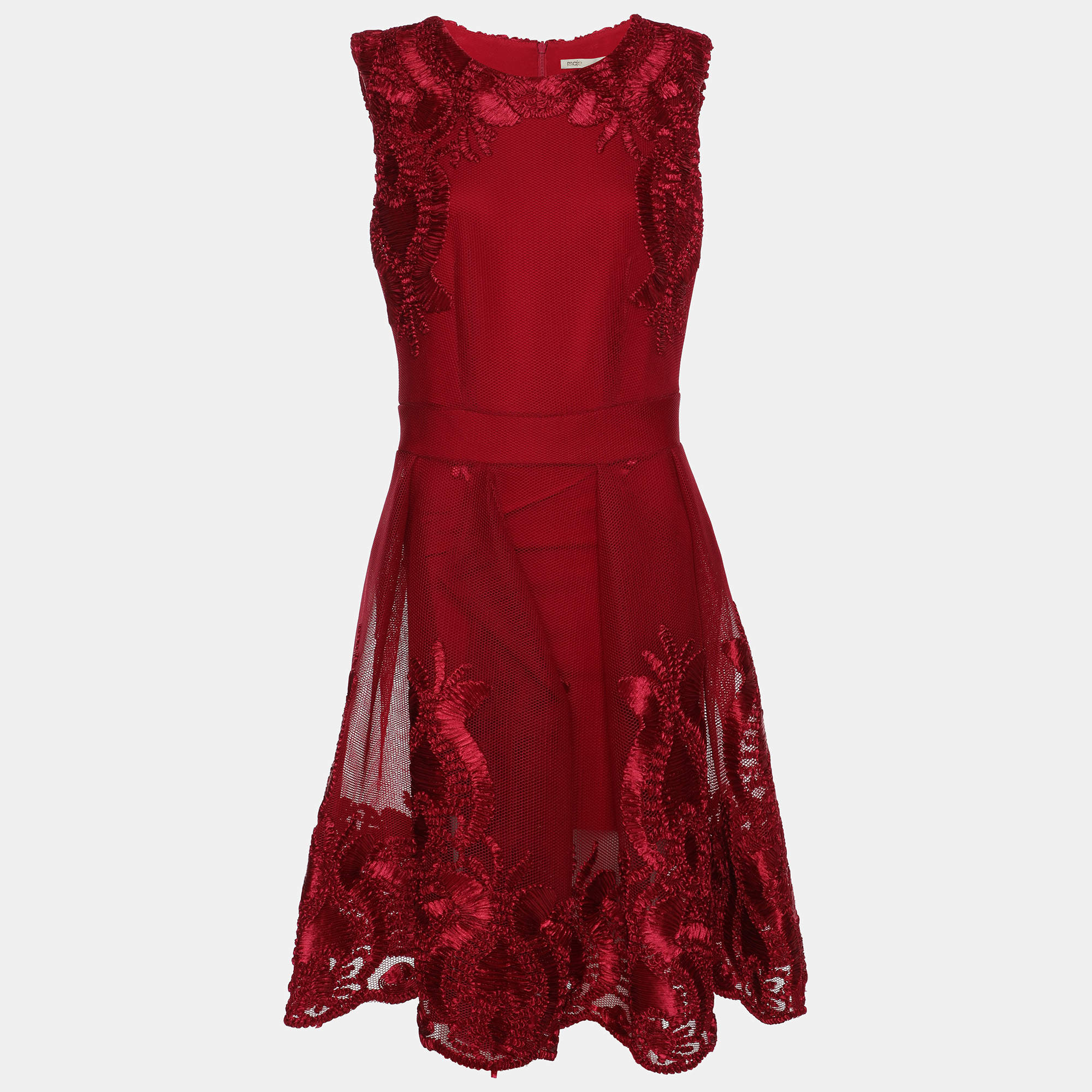 Pre Owned Maje Red Mesh Embroidered Mini Dress L