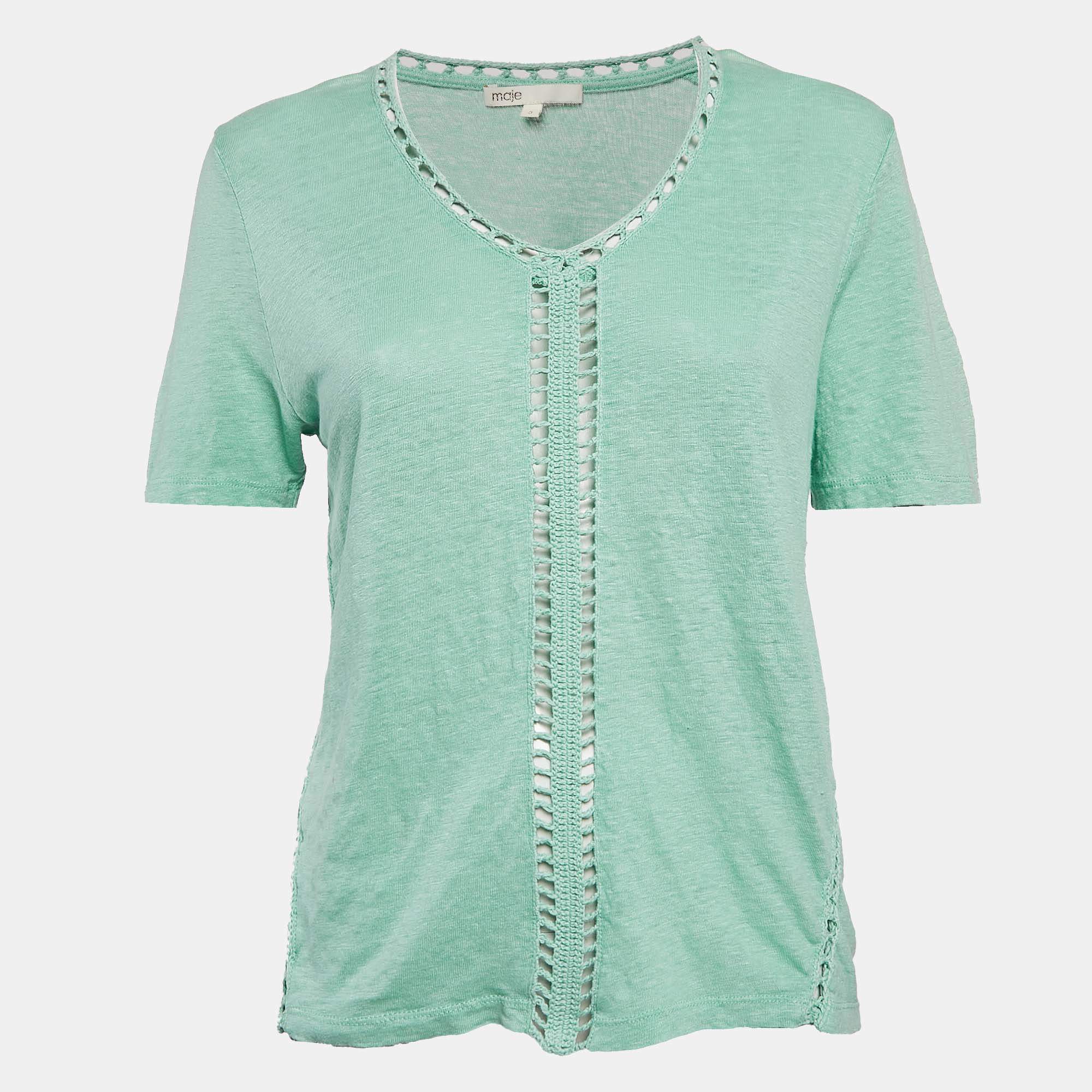 Maje Green Linen Knit Crochet Detail Top L
