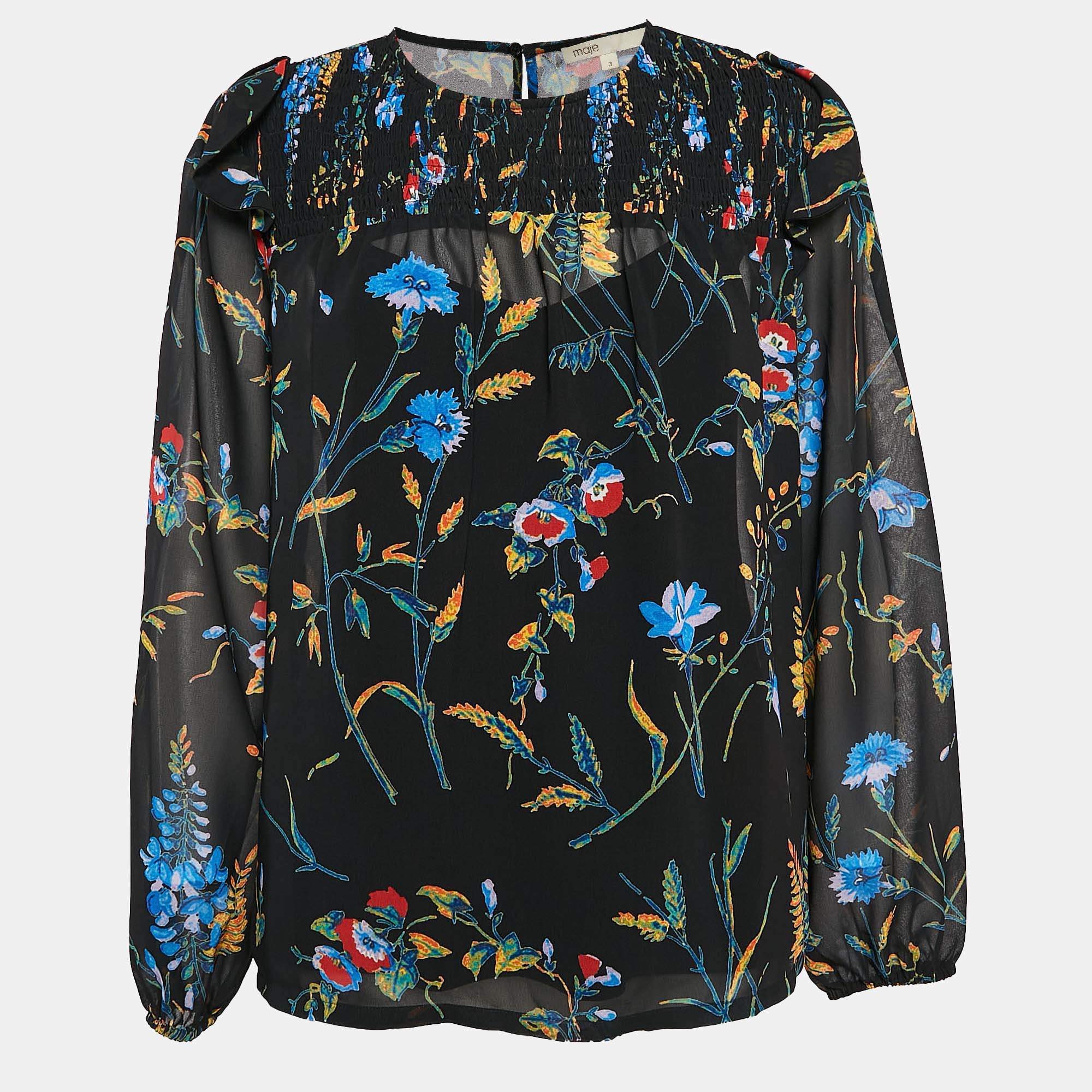 Maje Black Floral Print Crepe Smocked Top L
