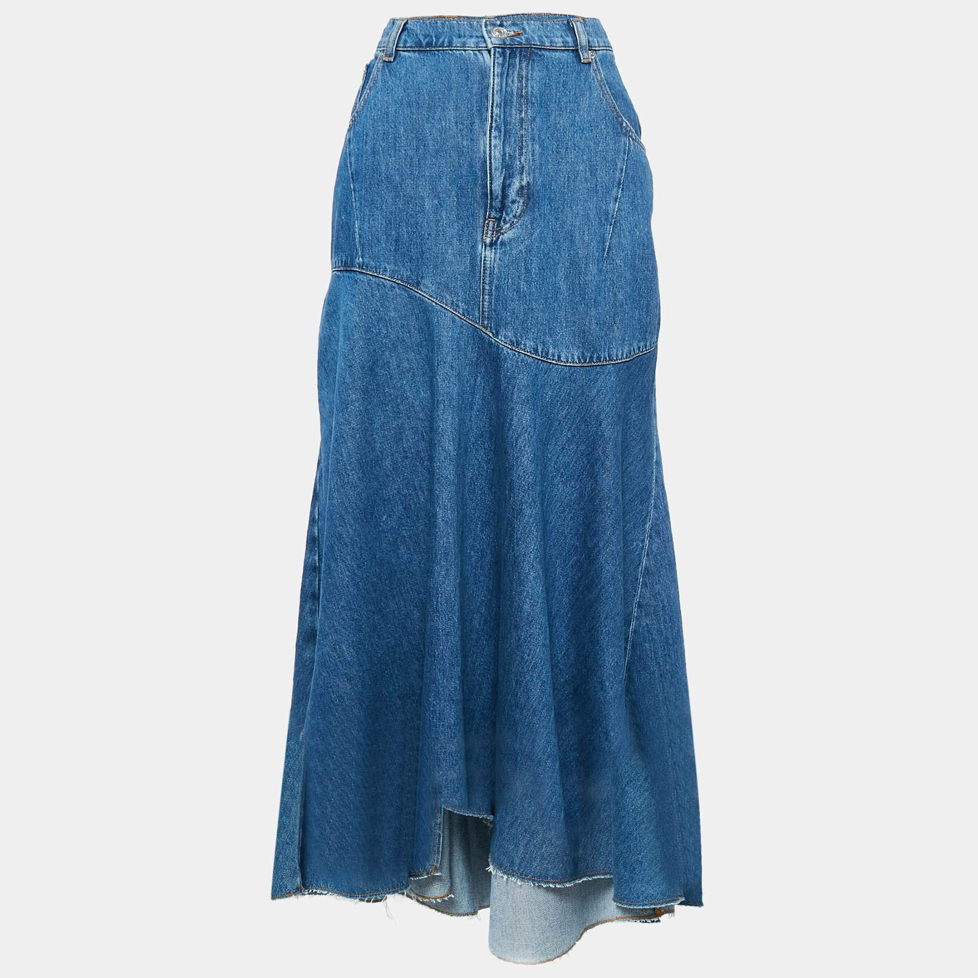 Pre Owned Maje Blue Denim Flared Asymmetric Midi Skirt XL