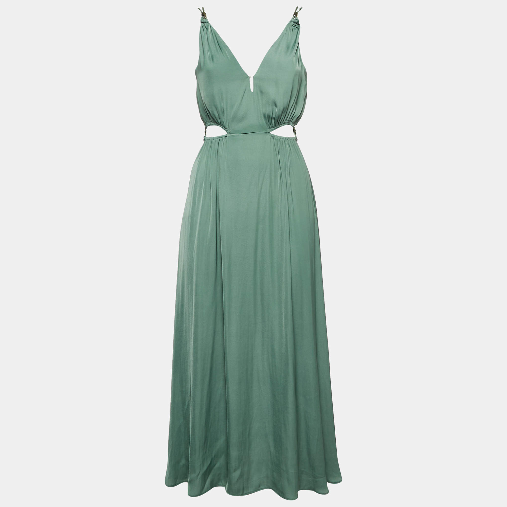 Pre Owned Maje Green Crepe Cut-Out V-Neck Midi Dress XS