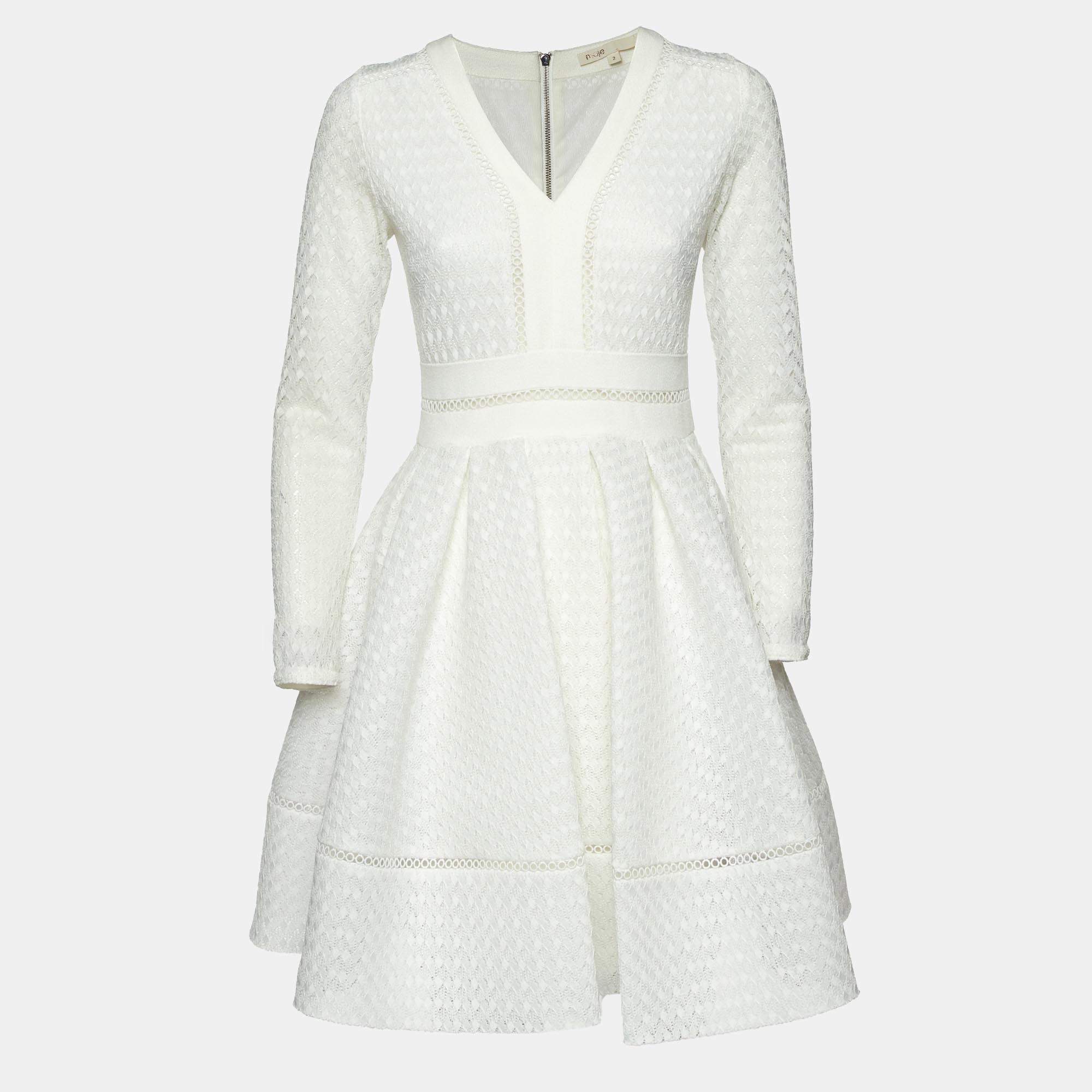 Maje White Patterned Mesh Fit and Flare Rossignol Mini Dress M