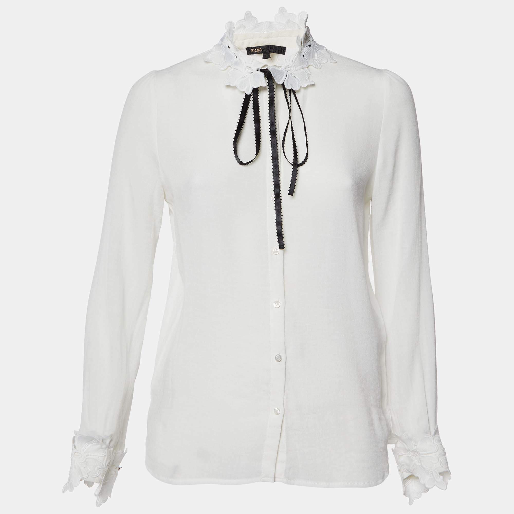 Pre Owned Maje White Crepe Floral Lace Trim Cassi Blouse S