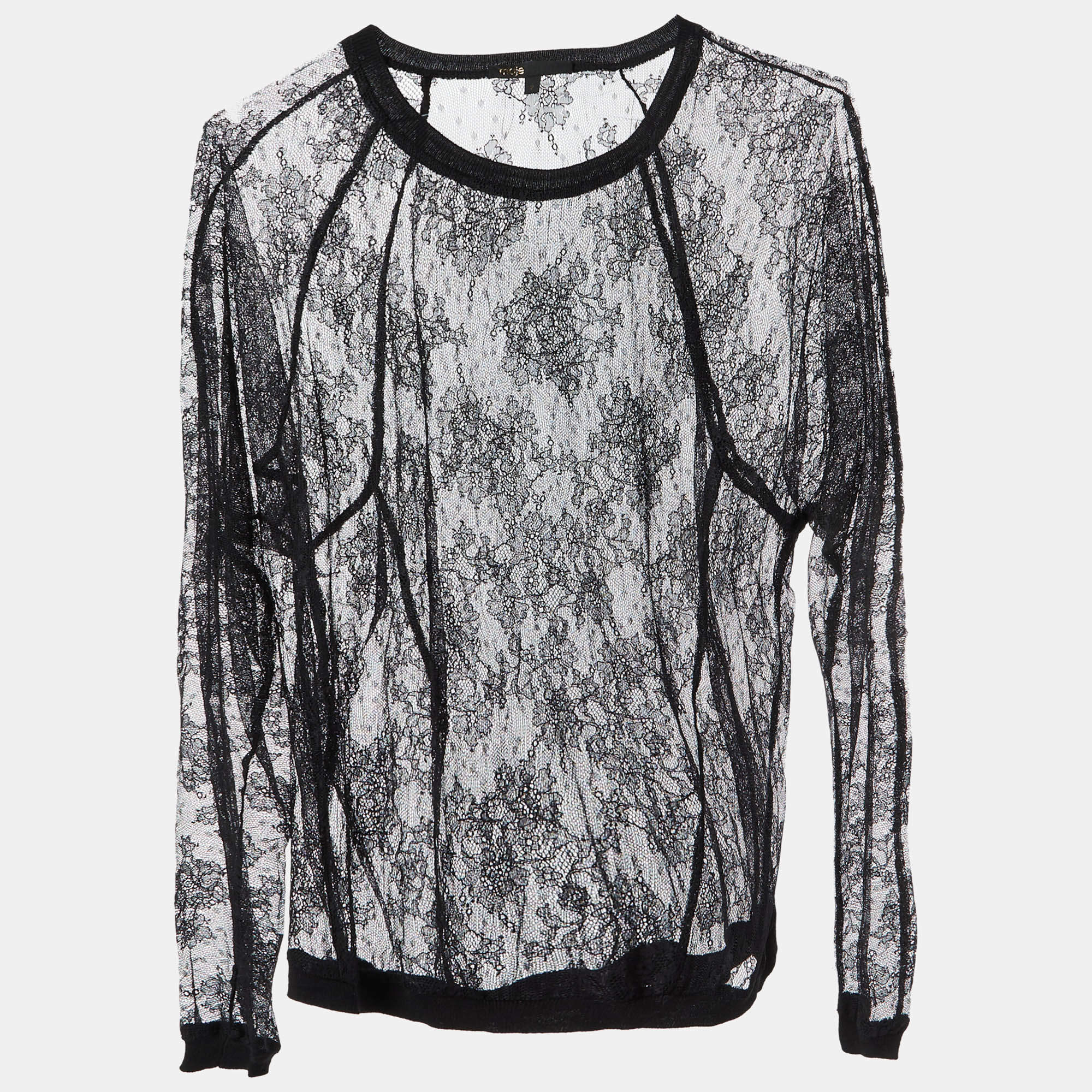 Pre Owned Maje Black Floral Lace Full Sleeve Top M